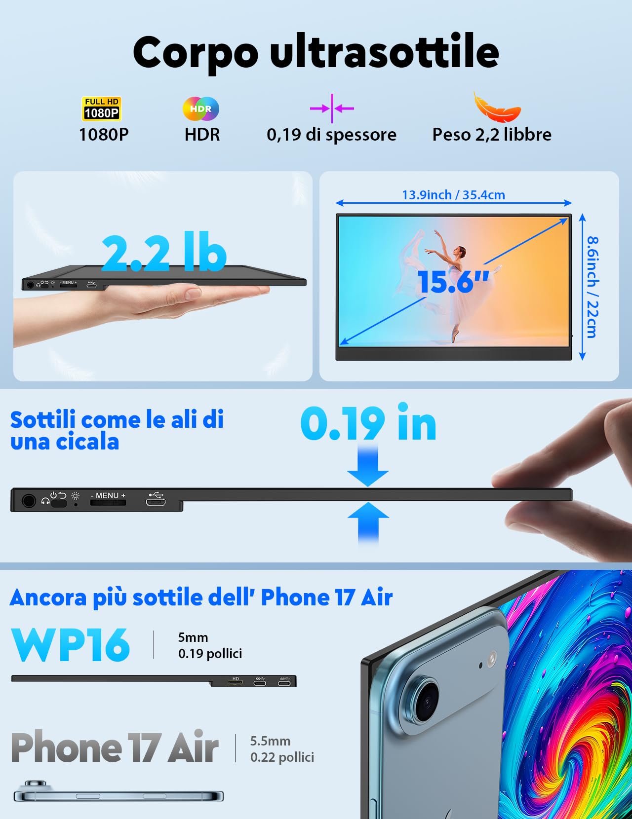 Monitor Portatile HONGO 15.6 Pollici FHD IPS HDR - Dettaglio
