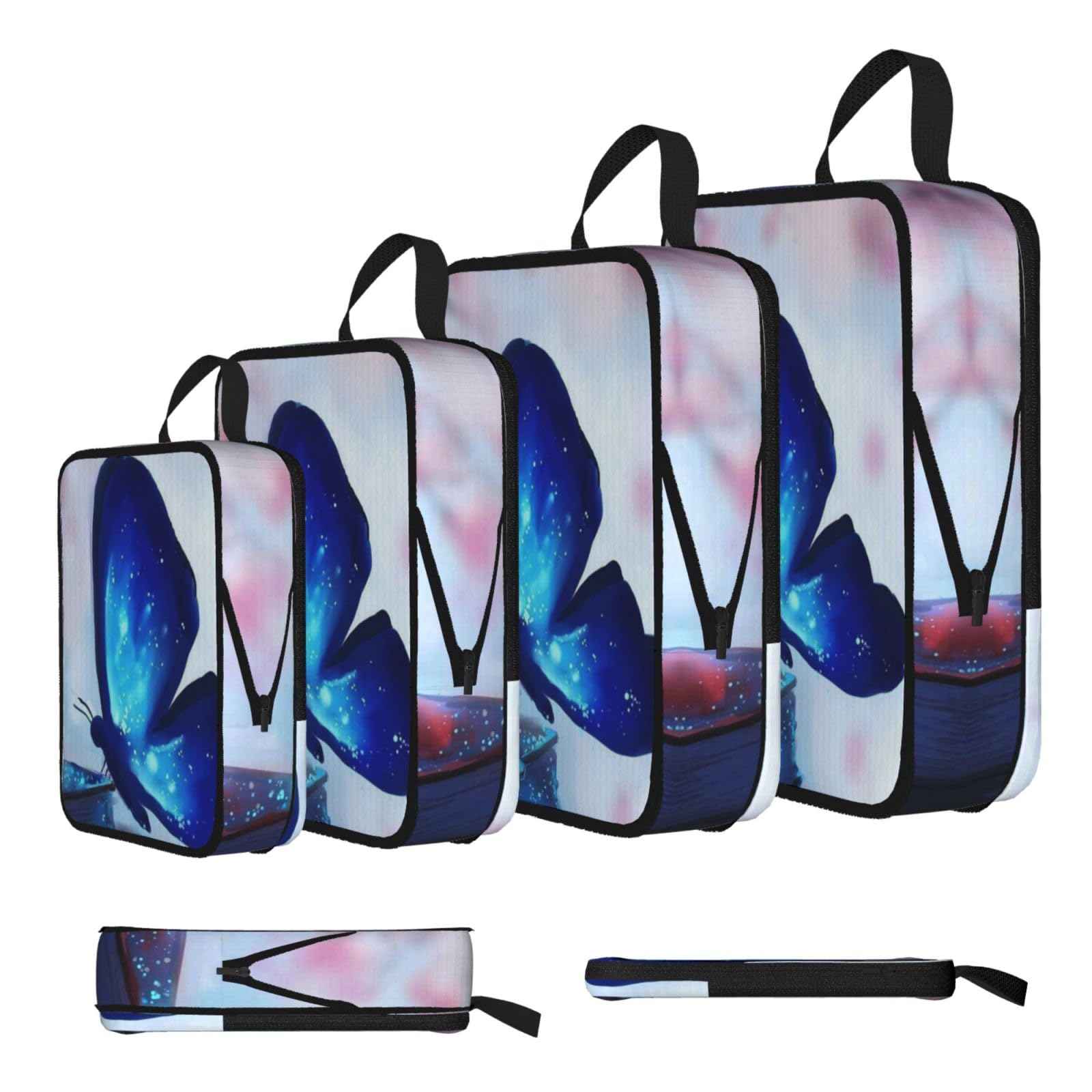 Blue Butterfly Print 4 Set Compression Packing Cubes For Suitcases,Expandable Storage Bags Organizers