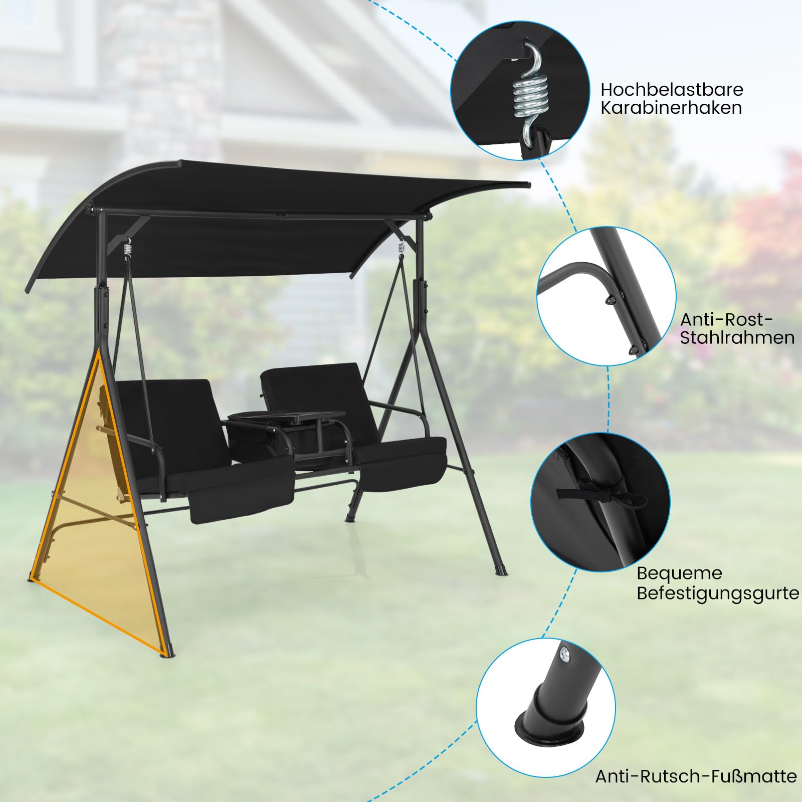 COSTWAY Hollywoodschaukel mit Kühltasche, drehbarem Tablett und abnehmbaren Kissen, 2-Sitzer Gartenschaukel mit verstellbarem Dach, Schaukelbank für Garten, Terrasse & Hinterhof, 181 x 124 x 161,5 cm