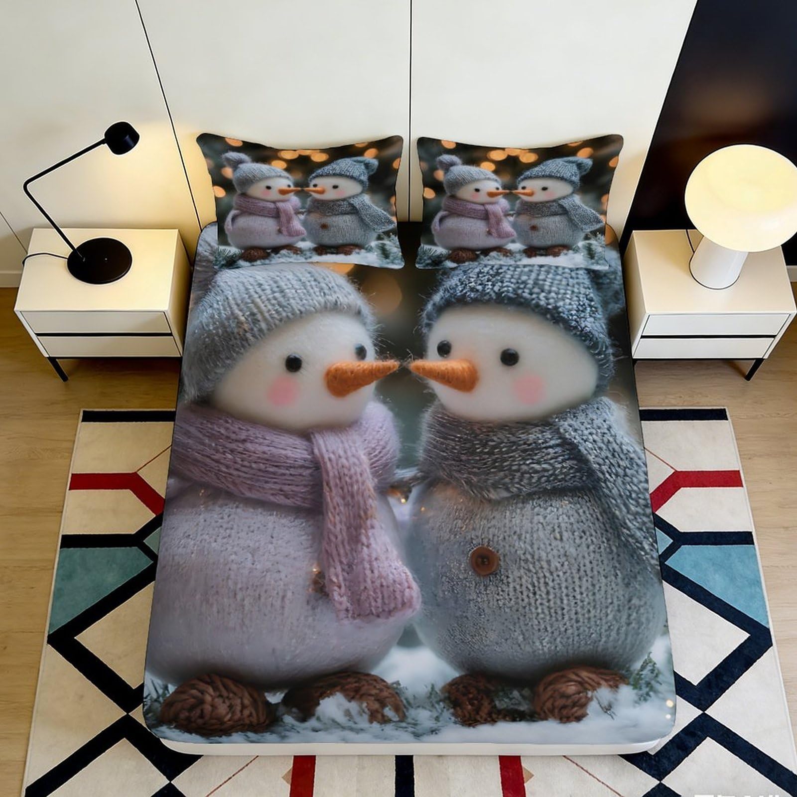 3D Printed Cute Snowman Fitted Sheet Microfiber Soft Warm Winter Design Bed Cover for Bedroom Guest Room Mattress Protection Easy Care 200x200x25cm