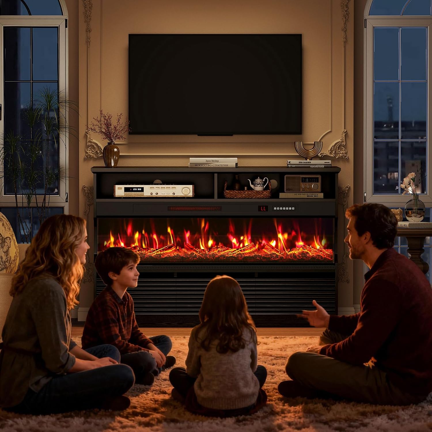 BREEZEHEAT Fireplace TV Stand with 50inch 3 Sided Electric Fireplace, Fluted Fireplace Entertainment Center with 3 Drawers, Mid Century Modern TV Consoles for Living Room, Black