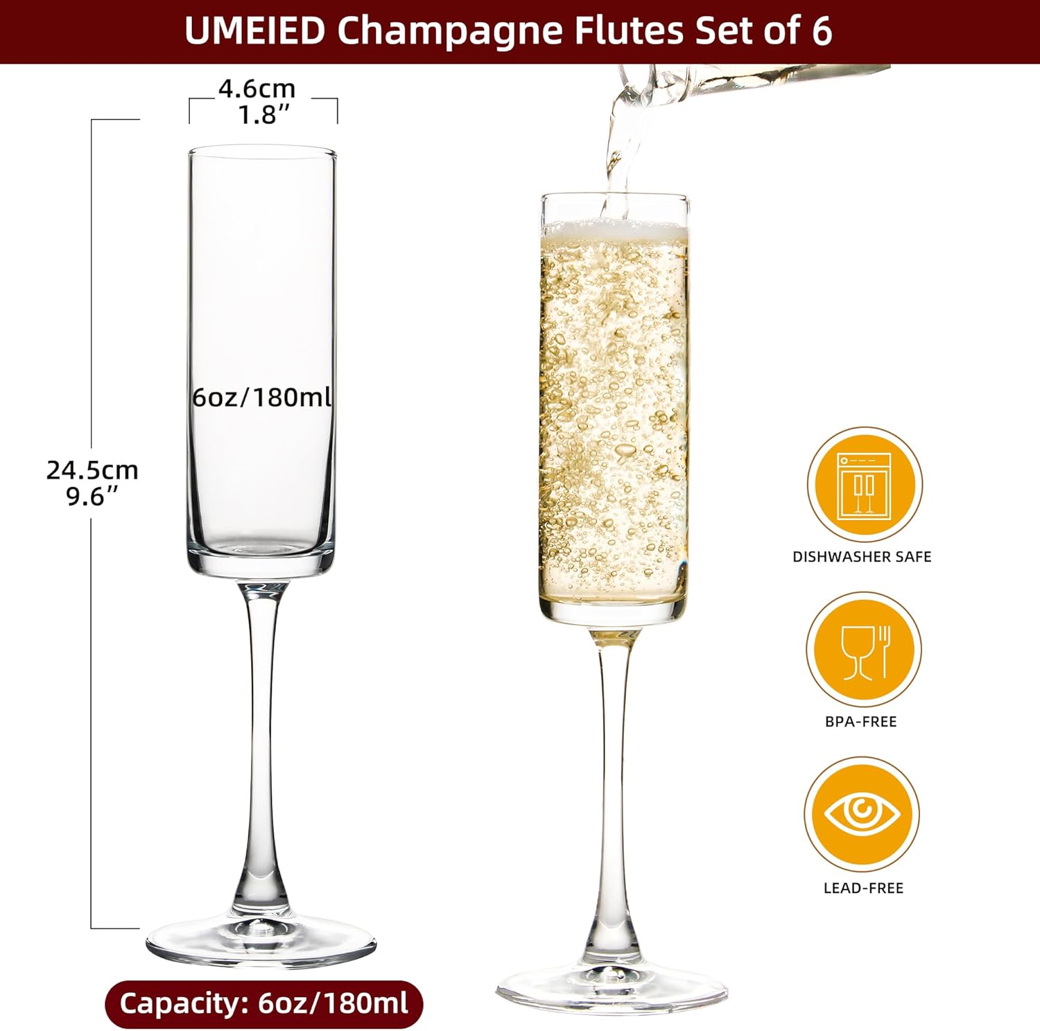 UMEIED 6 Oz Edge Champagne Flutes Set of 6, Long Stemmed Crystal Clear Champagne Flute Glass Set, Sparkling Wine Glasses for Home Party Wedding Birthday Housewarming Gifts