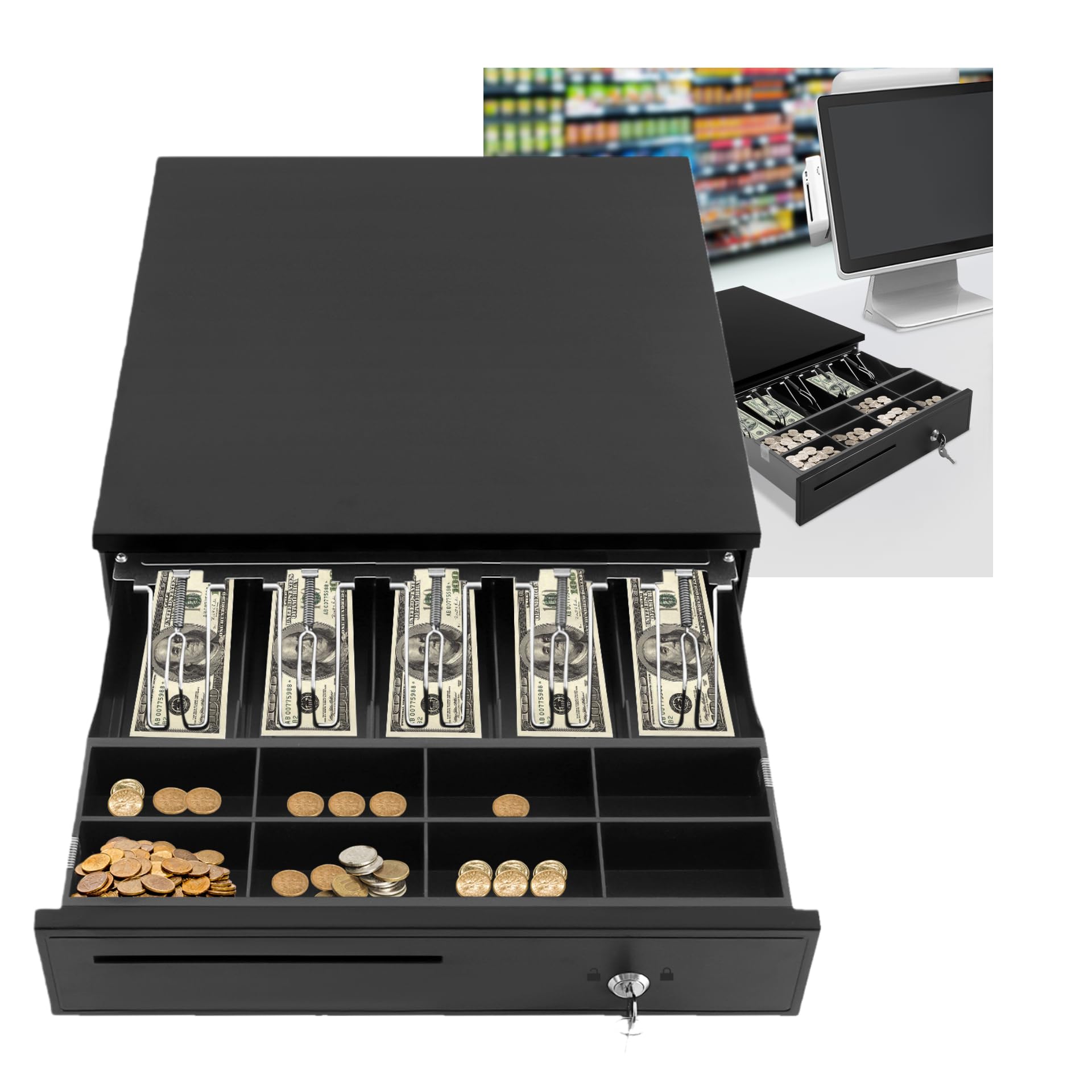 Cajón de efectivo automático eléctrico con 5 compartimentos para billetes y 8 compartimentos para monedas, resistente caja registradora de acero con bloqueo de 3 puntos, conector RJ11, compatible con