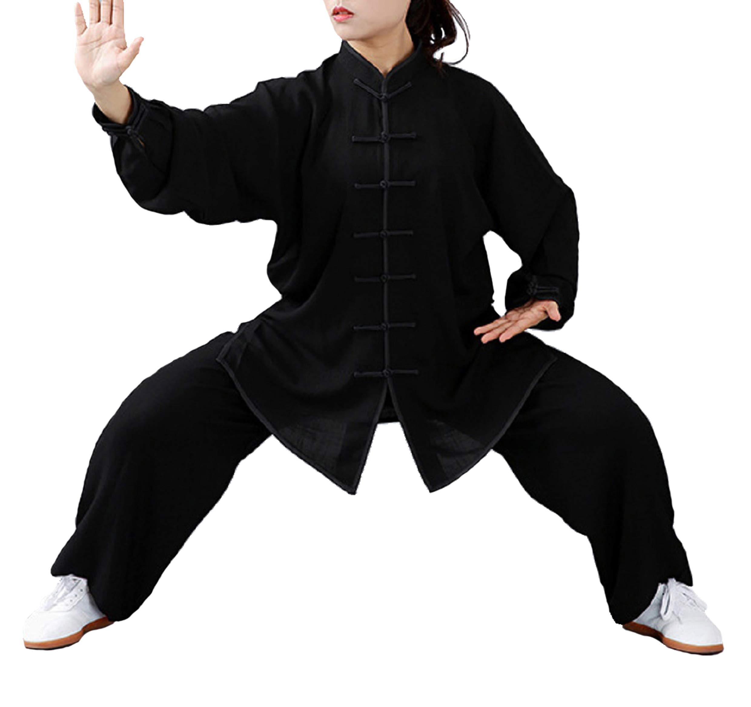 FUYUFU Algodón y Lino Traje de Tai Chi Unisex Ropa de Artes Marciales Kung-fu Disfraz para Hombre y Mujer (un Conjunto) (Negro, XL)