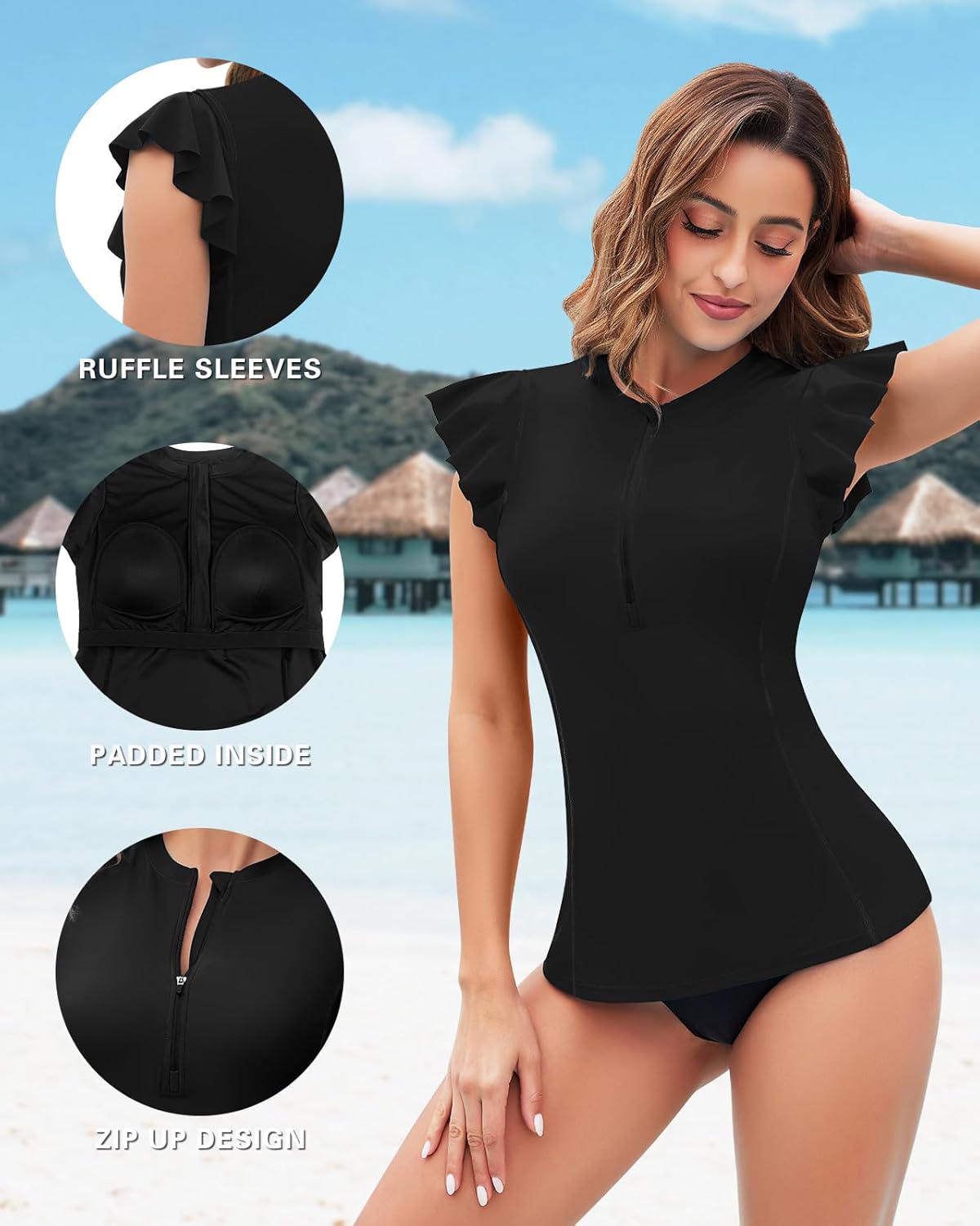 WOWENY Womens Padded Rash Guard Short Sleeve Swim Shirts 1/4 Zip UPF 50 Sun Protection Swimsuit Tankini Bathing Suit Top - Image 2