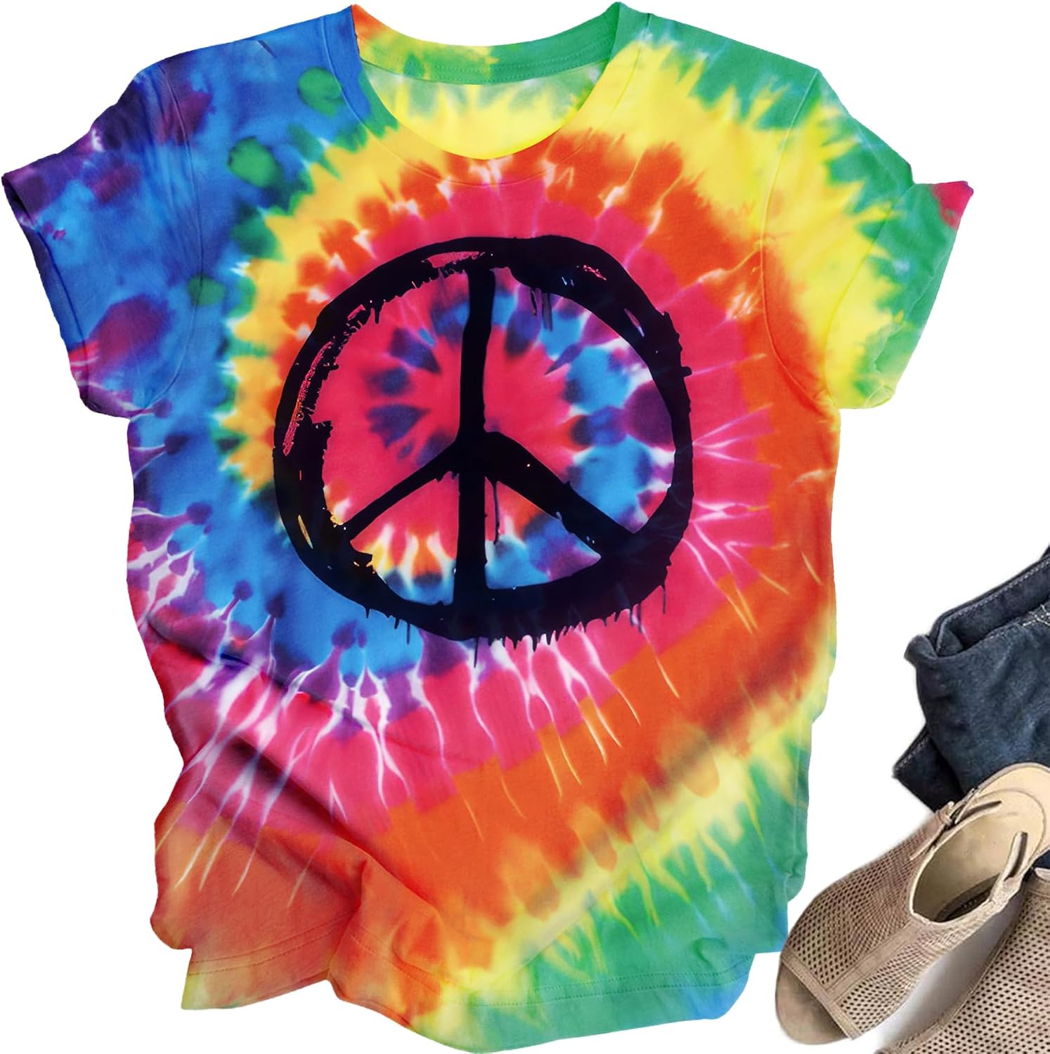 Women Hippie Clothes Tie Dye Shirt Peace Sign Tshirts 60 70s Outfits | Hippy Peace Costume, Vintage Disco Party