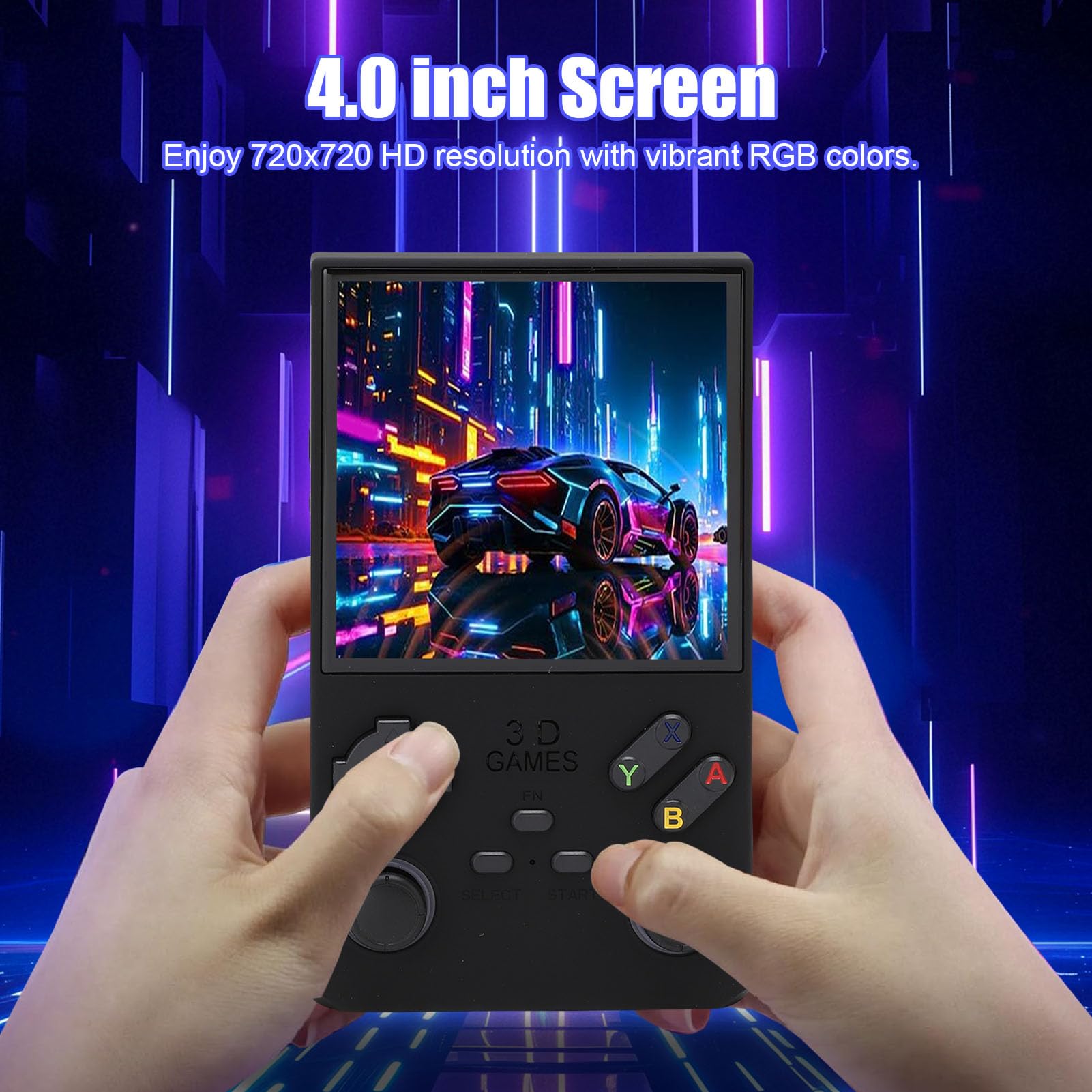 Pyhodi Handheld-Videospielkonsole, Retro-Handheld-Gaming-Konsole, 256 GB Speicherkarte, 720x720 4,0-Zoll-IPS-Bildschirm, 8W-Lautsprecher, mit High-Fidelity-Stereo-Lautsprechern für (Black)