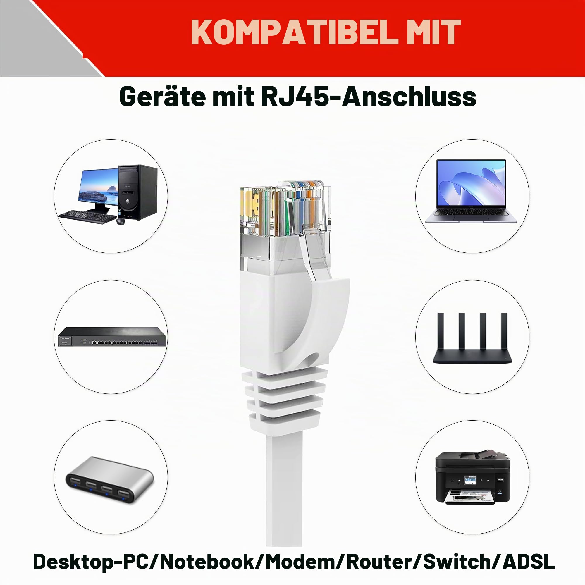 LAN Kabel 50 meter Outdoor Indoor, Netzwerkkabel 50m Weiß Cat 6 Ethernet Kabel, Hochgeschwindigkeits Langes Flach Gigabit RJ45 Internetkabel 250MHz 10/100/1000Mbps, für Router Switch Modem (50 Clips)