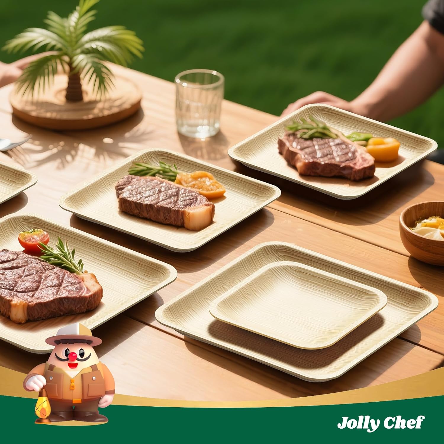 JOLLY CHEF Palm Leaf Plates, 50 Pack 10 Inch & 7.8 Inch Bulk Disposable Like Bamboo Square Plates, Party Compostable Ideal for Dinner, Wedding, Party