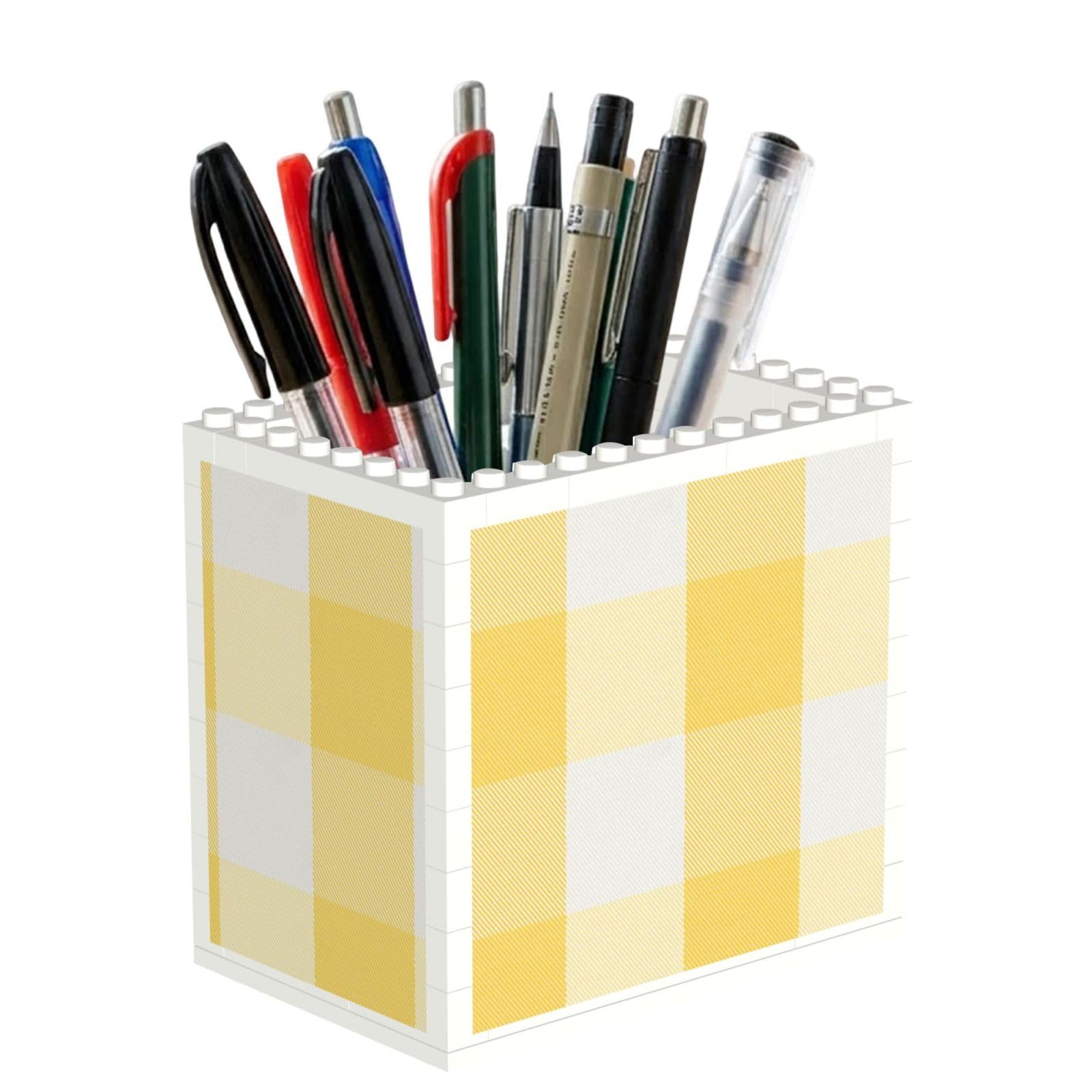 Poadnly Rustic Yellow And White Buffalo Check Plaid, Pen Pot Pencil Holder for Office Home School, Compact Desk Organiser for Office Stationery