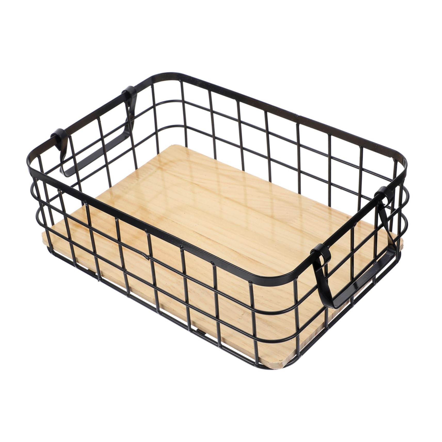 Cesta de Almacenamiento Metálica Pequeña con Asas Base de Madera Resistente y Apilable Organizador Multifuncional para Cocina y Baño Color Negro