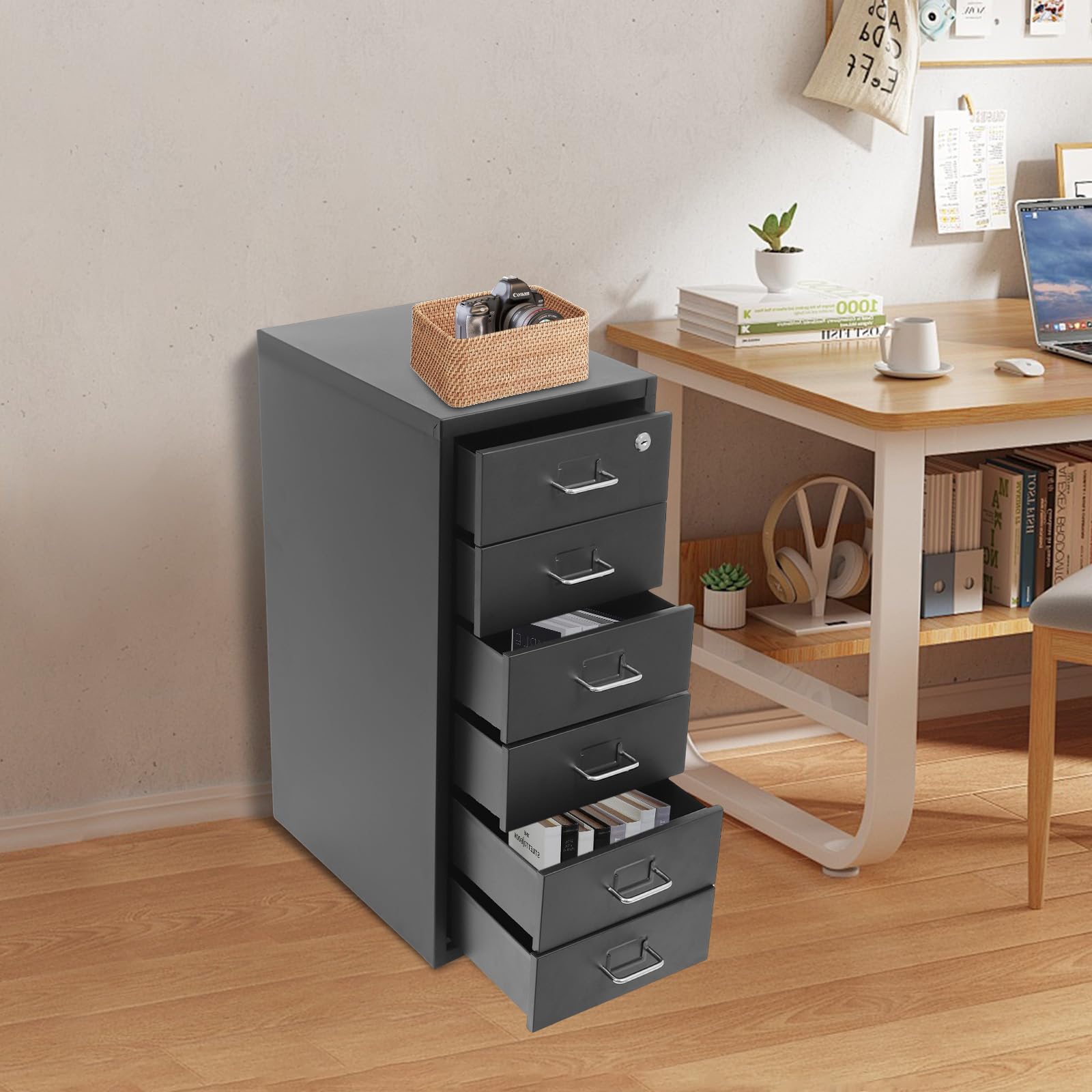 Armadio con chiusura a chiave, con cassetti, 6 livelli, in metallo, per ufficio, studio, colore nero