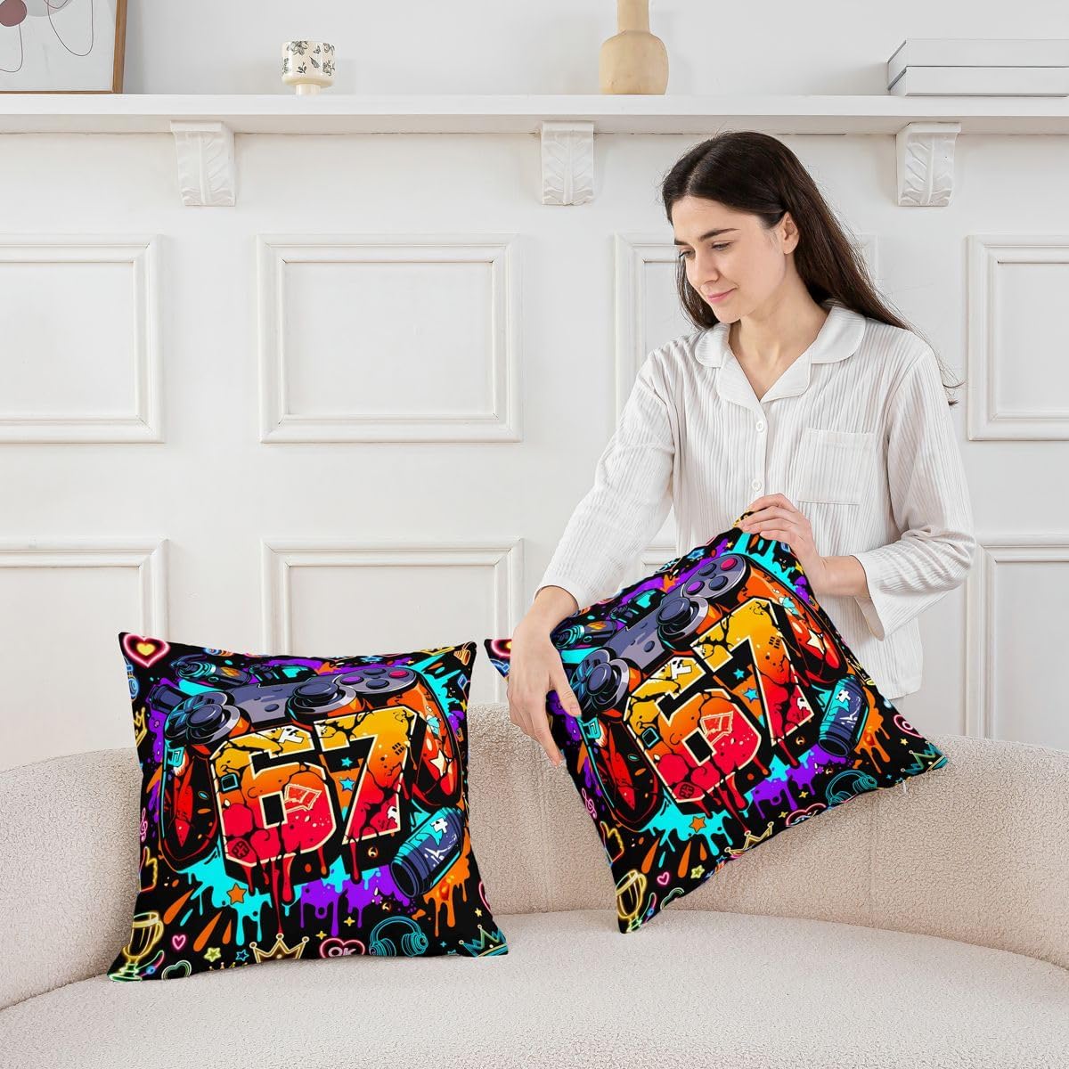 Street Hip Hop Throw Pillow Covers (Pack of 1),67 Graffiti Street Art Abstract Cushion Cover for Girls Boys Teens Gamer Gaming Pillow Cases Watercolor Living Room Sofa Bed Decor ,16"Lx16"W image 3