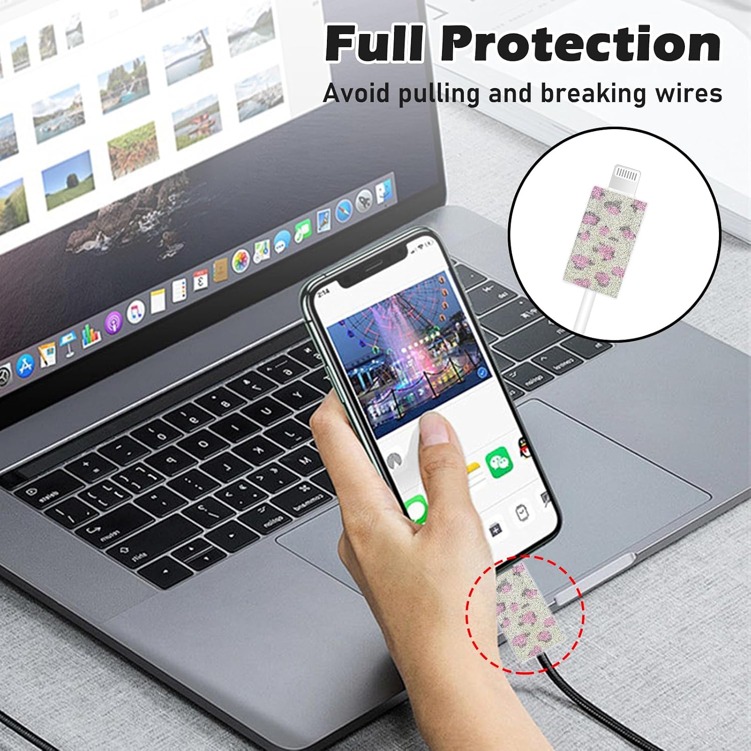 Saprkle DIY Cable Protector for Apple 18W/20W Power Adapter, Luxury Pink Leopard Design Women Soft Data Cord Cover Wire Saver Phone Charging Protector for iPhone Charger