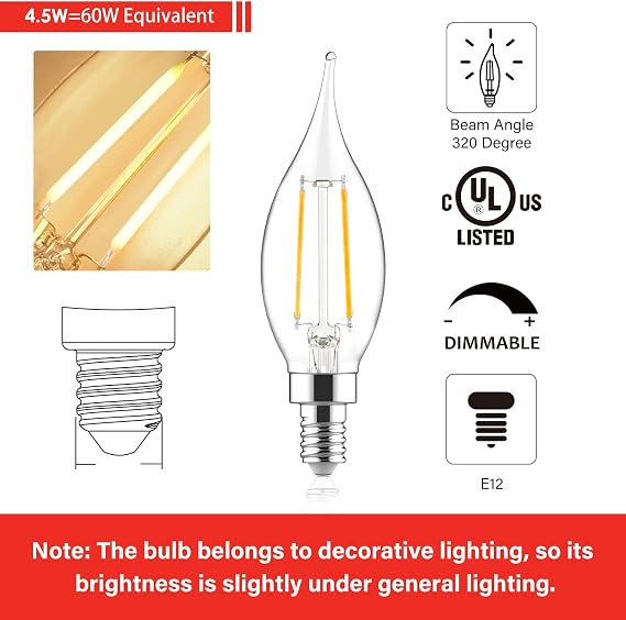 E12 Candelabra LED Light Bulbs 60 Watt Equivalent, CA10 Flame Tip Candle Light Bulbs Dimmable, 2700K Soft White, E12 LED Bulb Clear Glass, for Chandeliers, Ceiling Fan, Pendant, 24 Pack