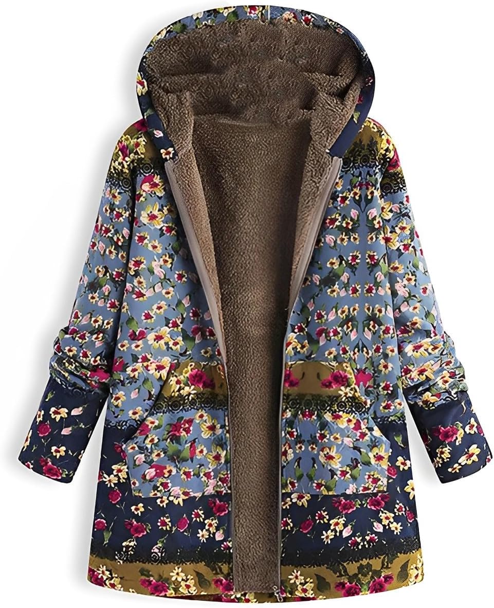 Akivide Women's Winter Ethnic Style Patchwork Sherpa Fleece Lined Hooded Jacket Plus Size Fluffy Warm Outwear with Pockets