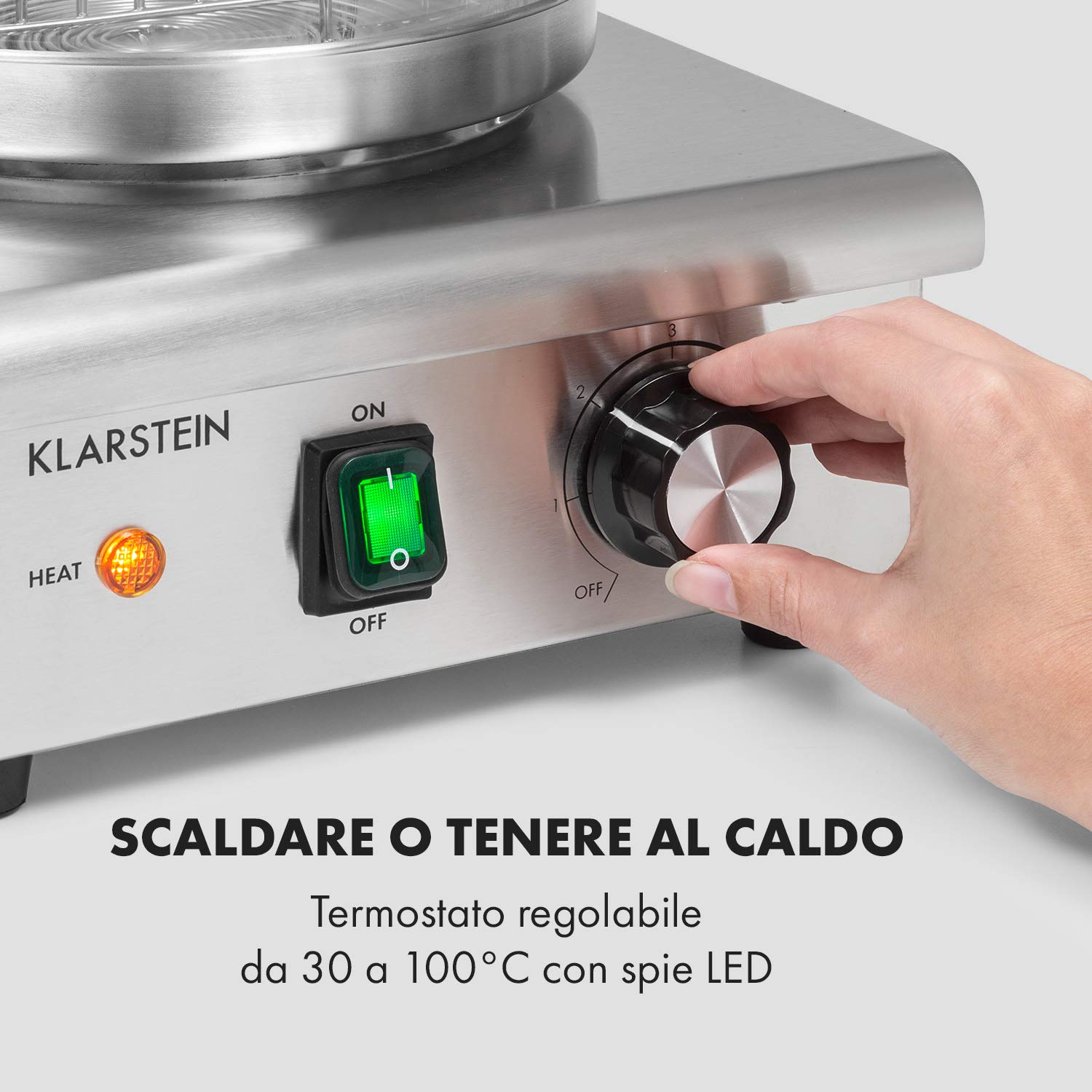 KLARSTEIN Pro Wurstfabrik 450 - Hot Dog Maker, 450 Watt, 30-100 °C, Cilindro in Vetro: Ø 20 cm, Gabbia in Acciaio Inox Suddividibile: Ø 17 cm / 5 litri, Acciaio Inox, Serbatoio: 1,1 L, Argento