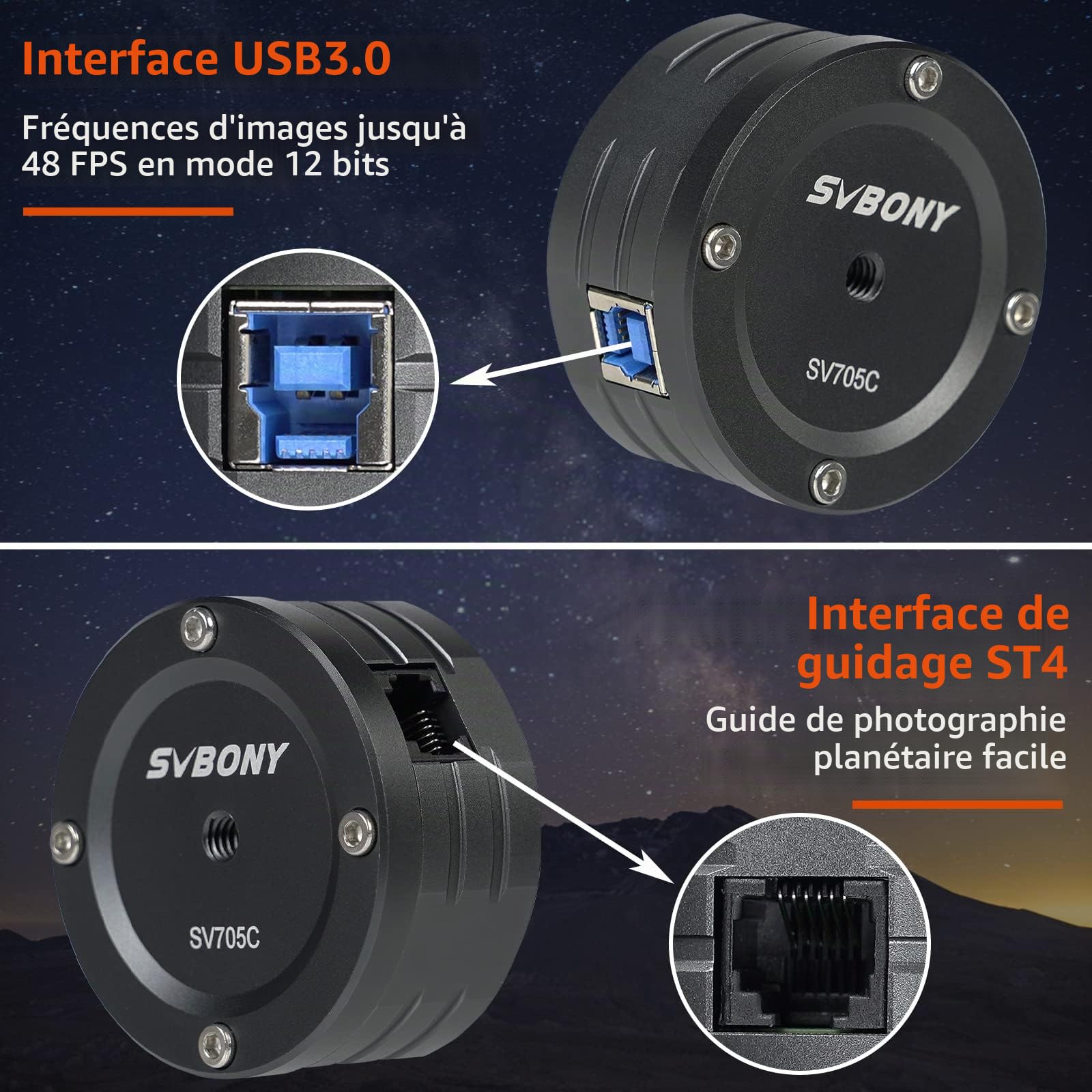 Svbony SV705C Caméra Astro Couleur, USB3.0 ST4 Port de Guidage Grand Puits, Oculaire Télescope avec CMOS Capteur IMX585, Haute Sensibilité NIR, Planétaire Caméra Astrophotographie pour EAA Imagerie