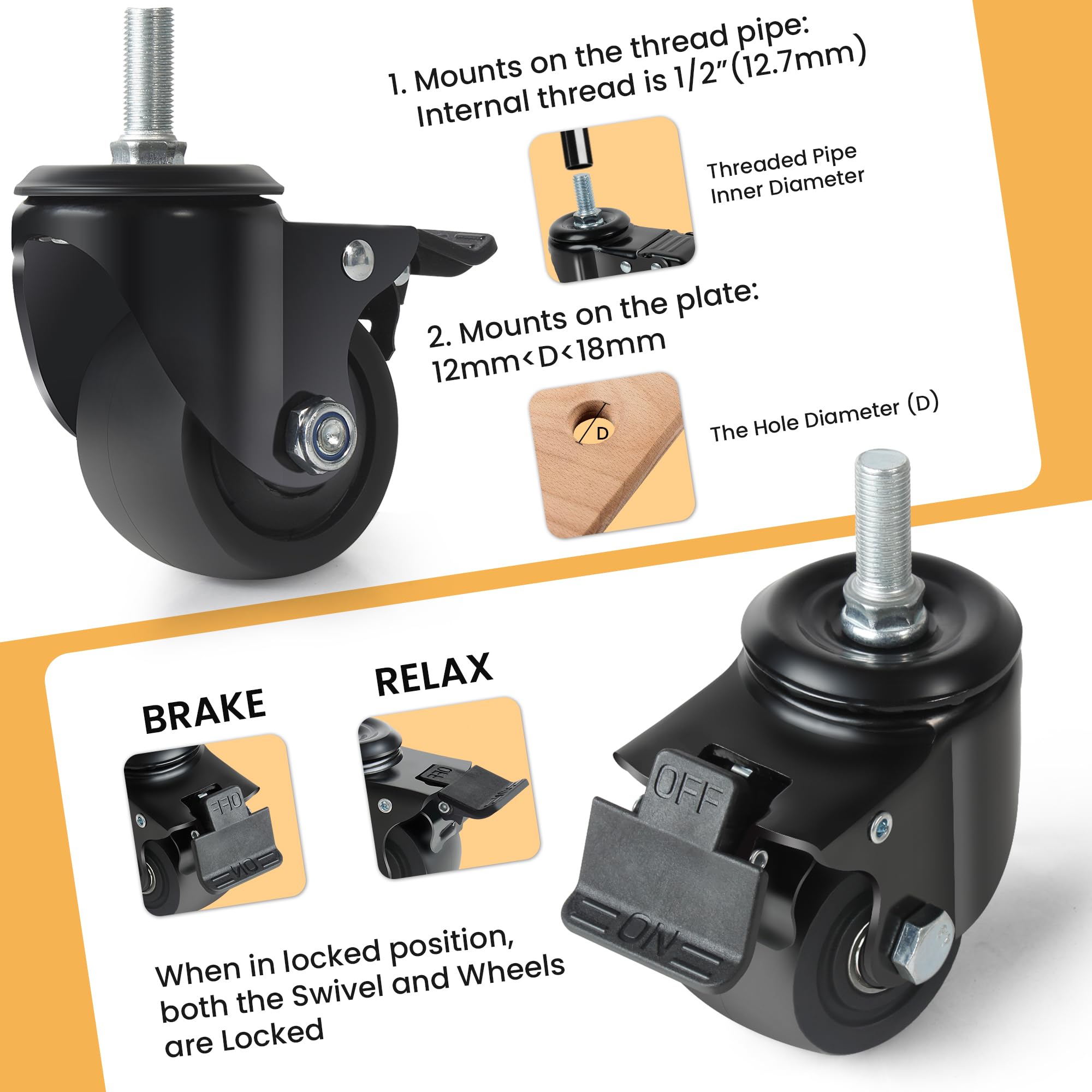 Ruote Girevoli per Mobili 75MM - Portata Max 2000KG, 12mm x 25mm (1/2"-12UNC) Con Viti - per Carrello Industriali, Carichi Pesanti e Spostare Mobili