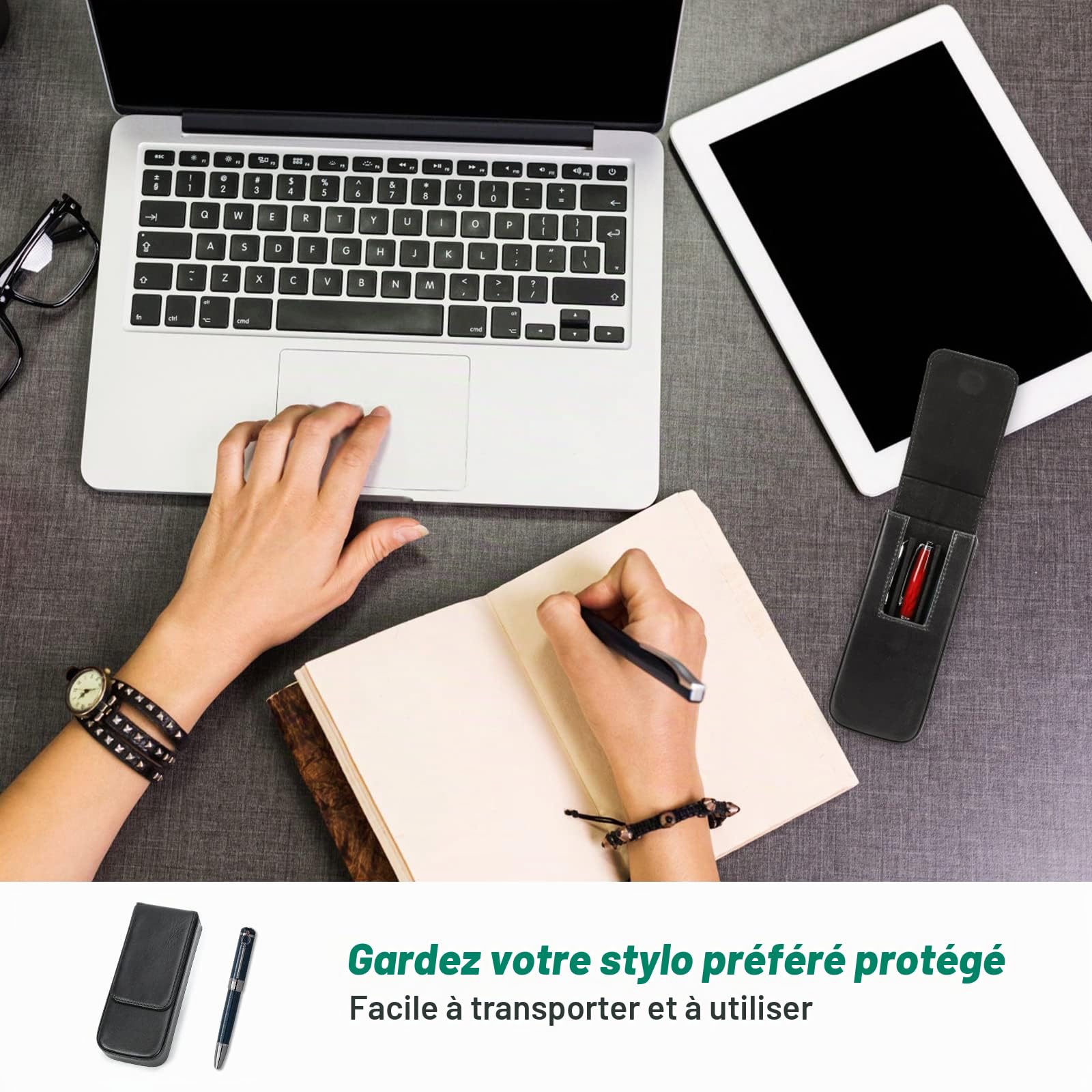 Hiram Étui portable en cuir pour stylos avec fermeture magnétique cachée et bac à stylos, design amovible, Noir , For 3 Pens