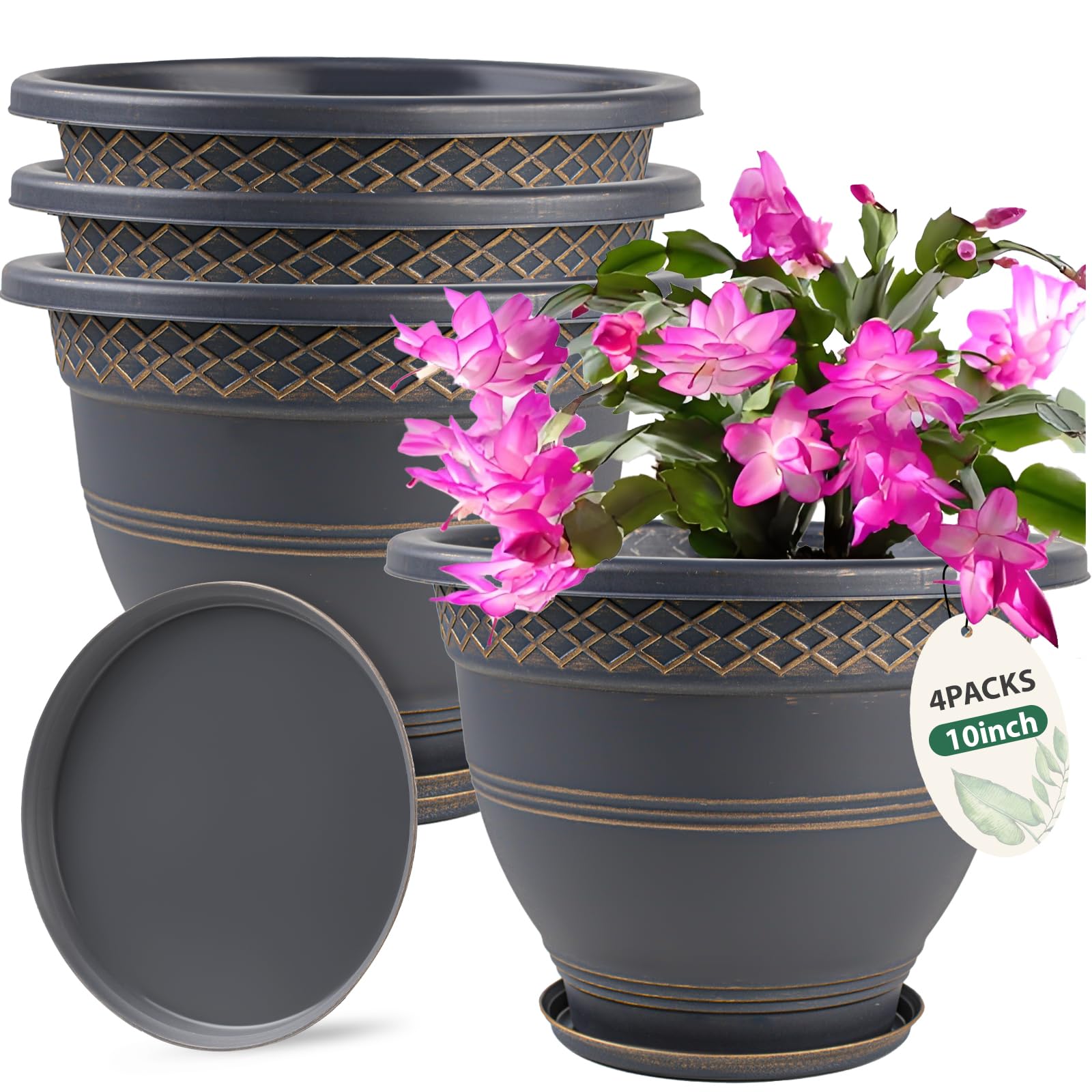 10 inch 4 pack large plant pots, plastic flower pot for indoor & outdoor with drainage holes & saucer, plaid pattern planters garden pots for herbs