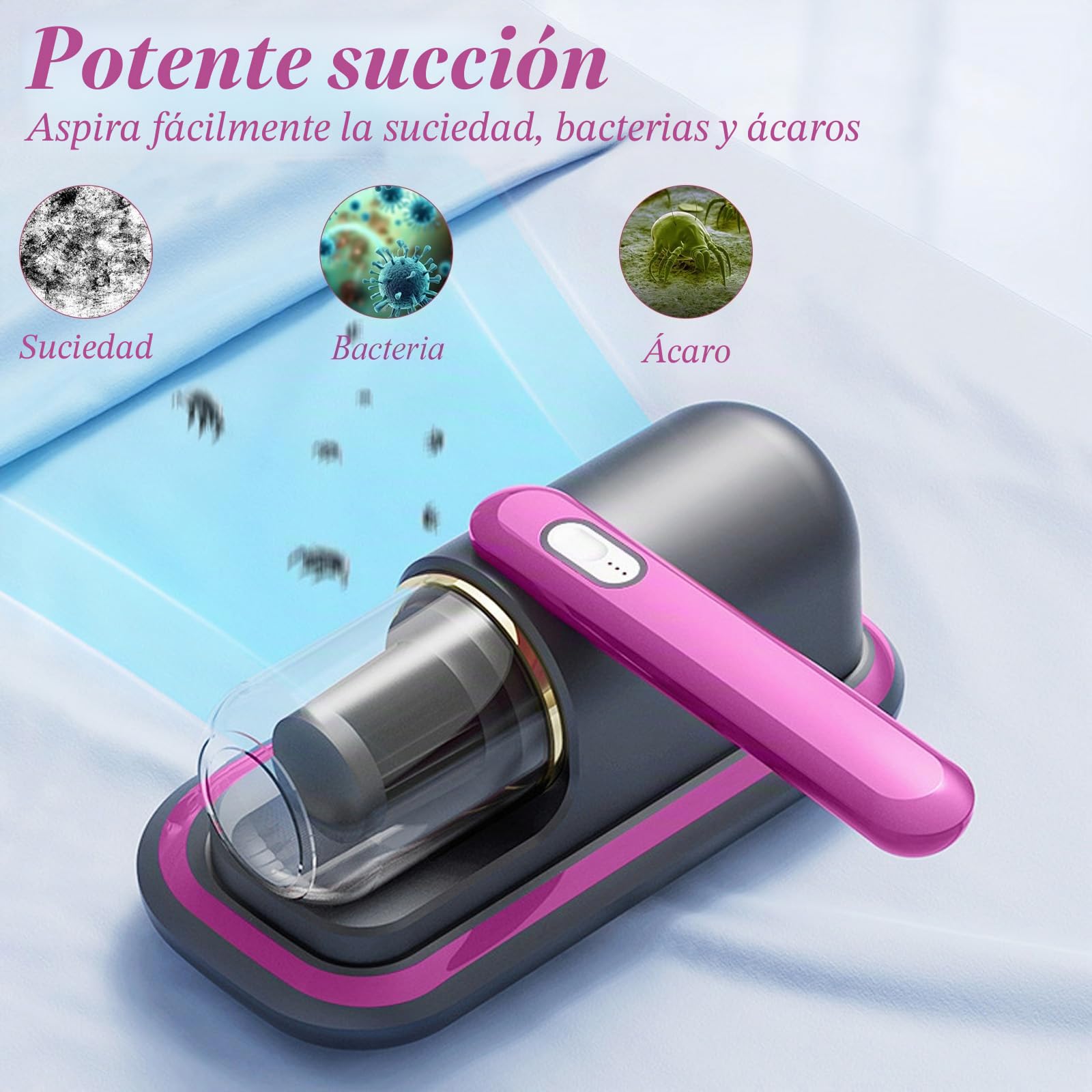 HAMON Aspirador de ácaros para colchones, 8000Pa Aspirador de polvo con luz UV, Aspirador inalámbrico para cama con contenedor de polvo continuo para colchones, sofá, almohadas, alfombras