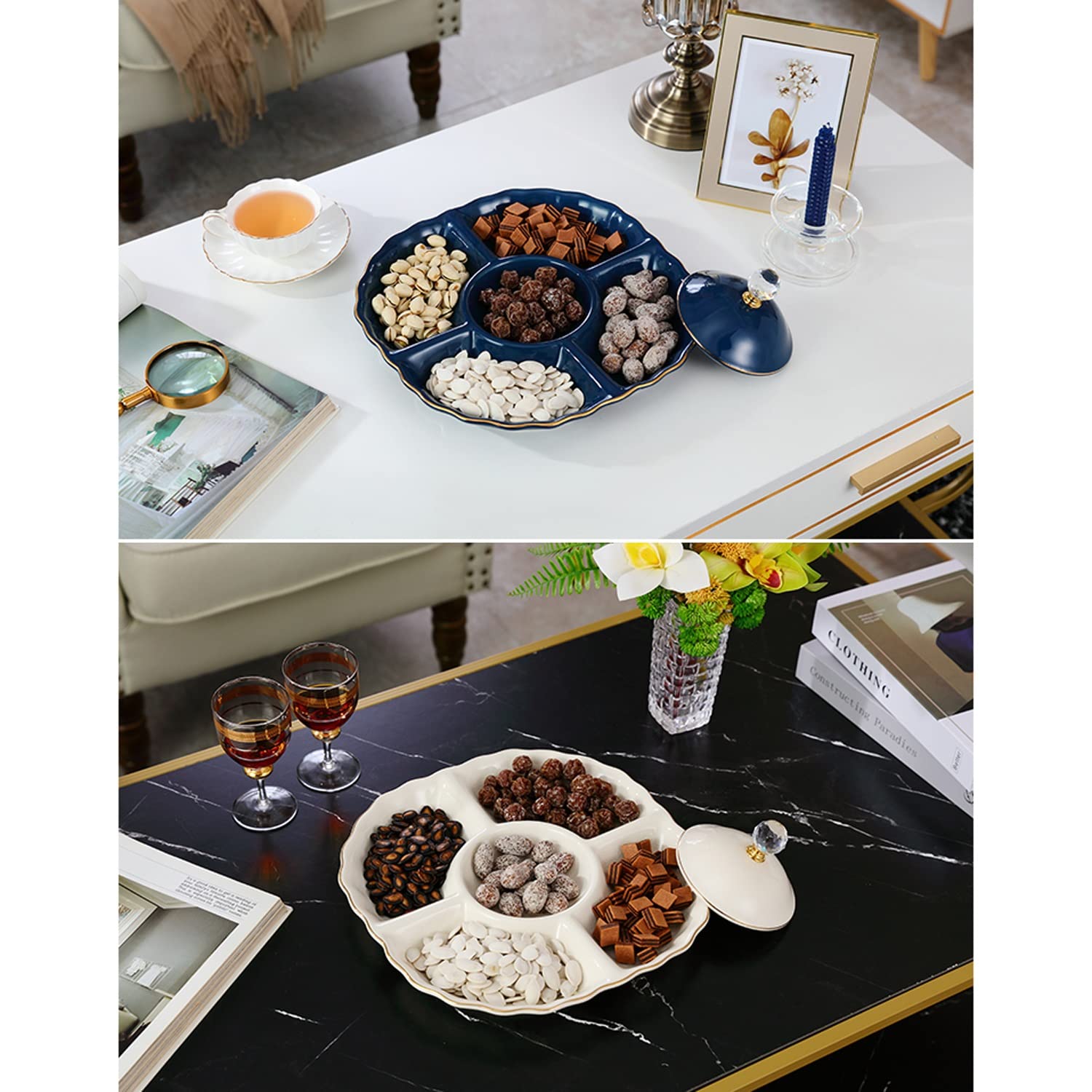 Miska na owoce, Wysokiej klasy ceramiczny talerz na suszone owoce z 5 siatkami, wykwintne przekąski taca cukierki, kompot orzechów i stojak jagody/niebieska(Lime)