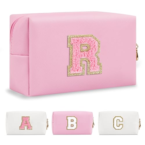 Miniatura 180 de Bolsa de maquillaje personalizada con inicial A-Z Preppy Patch, pequeña bolsa de cosméticos de PU con letra de chenilla y cierre para niñas Negro
