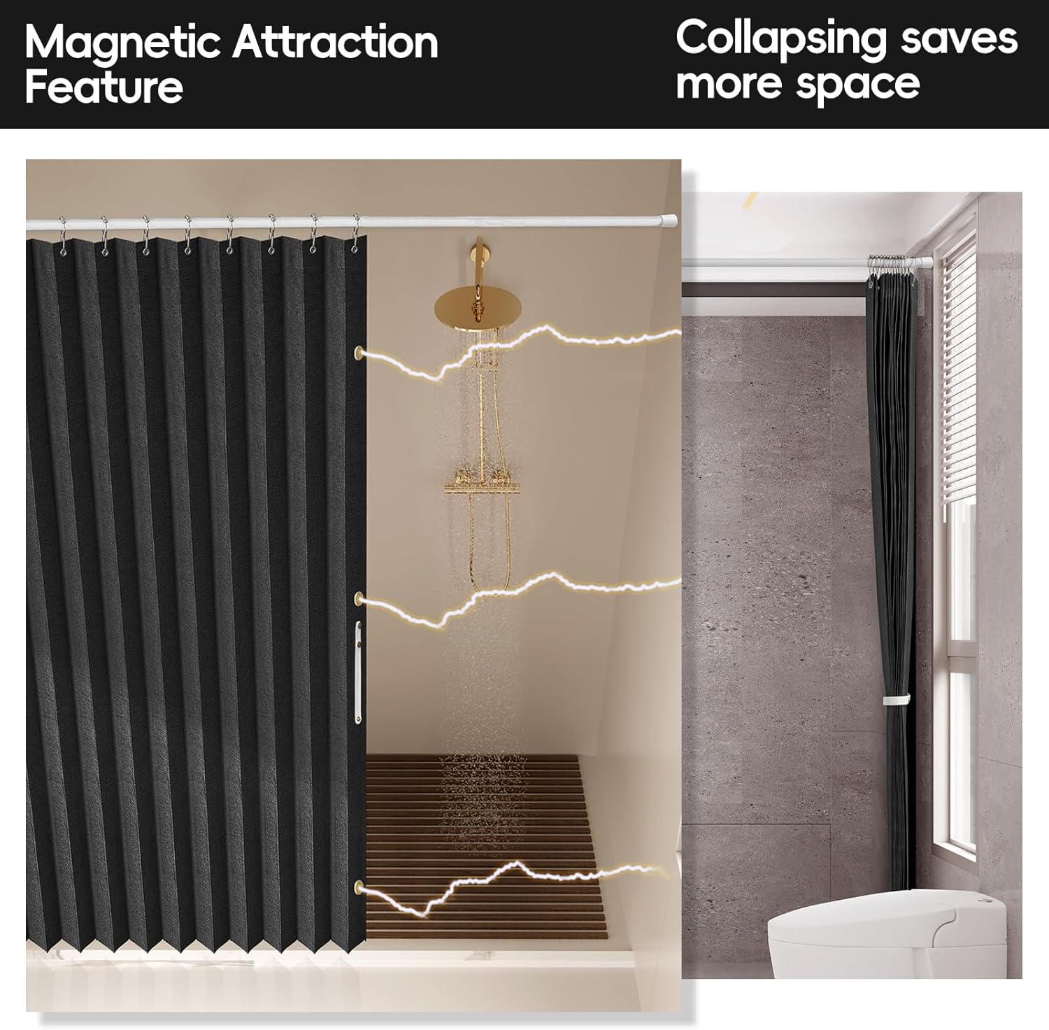 AJAZZ Magnetic Folding Shower Curtains Acordion Shower Curtain Fabric Polyester Waterproof Shower Curtains Suitable for Family Hotel Homestay Bathroom (Black,77" W x 72" L) 1 Panel