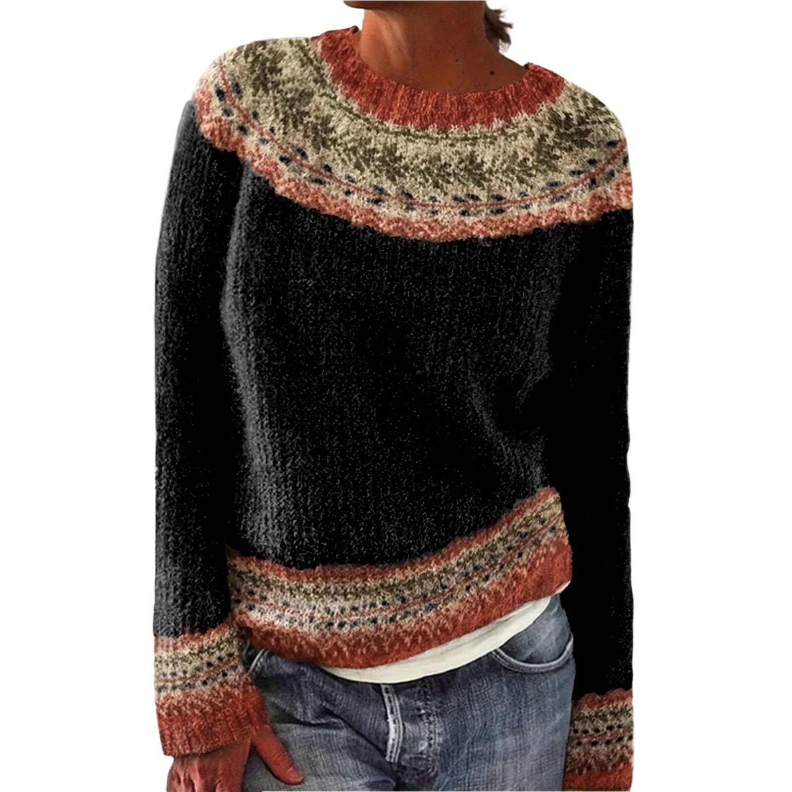 Cozy Fair Isle Sweater for Women Knitted Vintage Fall Winter Warm Sweaters Crewneck Long Sleeve Casual Tops 2025