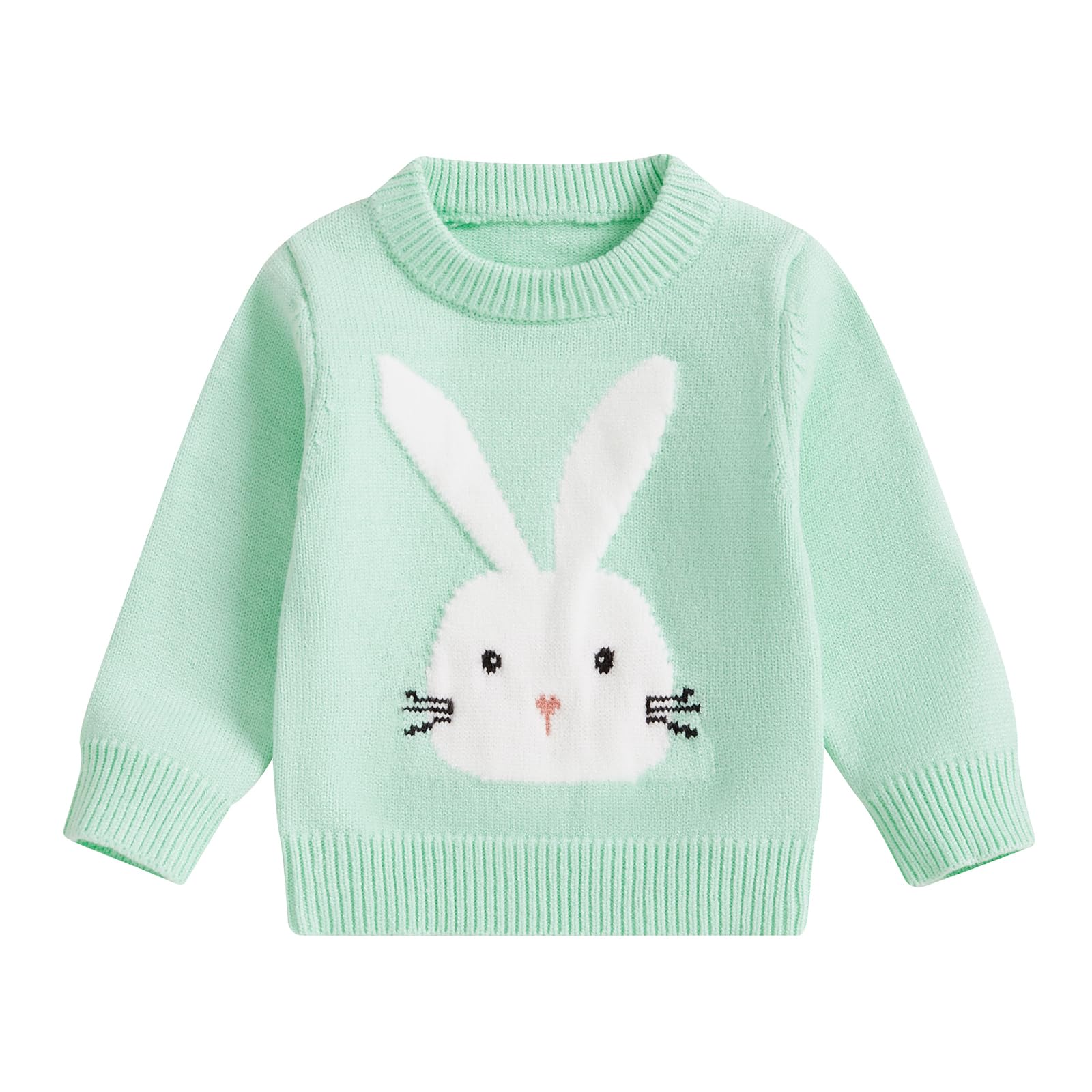 Toddler Baby Girl Easter Outfits Bunny Pattern Long Sleeve Round Neck Ribbed Knit Jumper Sweaters Tops Kids Clothes (Green, 12-18 Months)