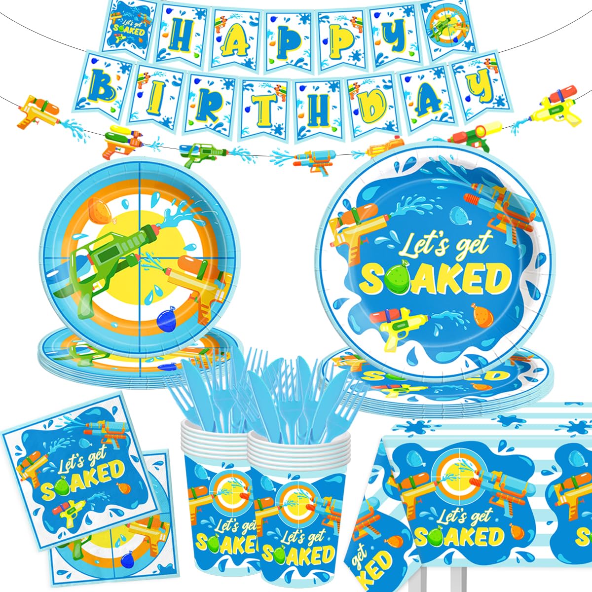 Summer Birthday Party Decorations-142Pcs Let's Get Soaked Tableware Set for Summer Pool Water Gun Splish Splash Party Supplies