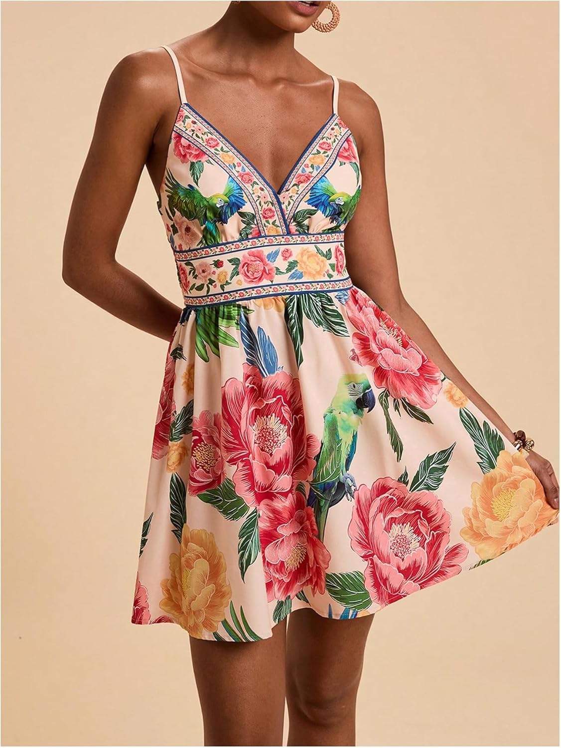 OYOANGLE Women's Floral V Neck Short Cami Dress Shirred Back Ruffle A Line Boho Sundress Hawaiian Outfits - Image 2