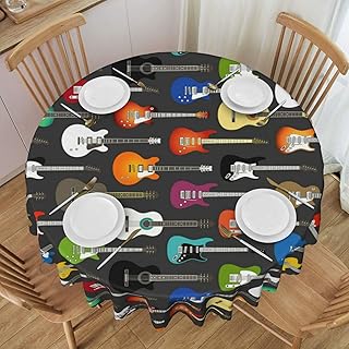 LAZIRO Color Acoustic and Guitars Print Round Tablecloths with Lace Macrame,Dinner Table Parties Circular Table Cover 60 Inch Diameter