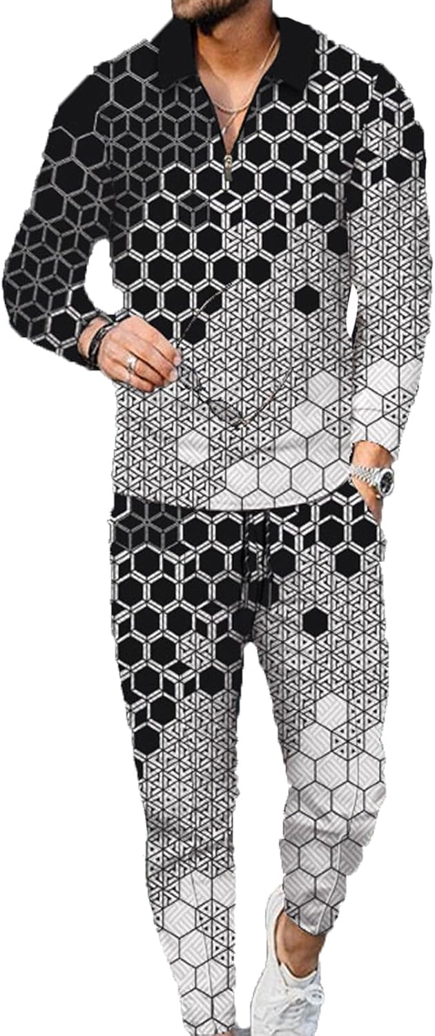 Mens Tracksuit Set 2 Piece Long Sleeve Polo Shirt and Pants Jogging Sweatsuits Sets Casual Fashion Vacation Outfits Loungewear Black White Mixed Honeycomb Size L