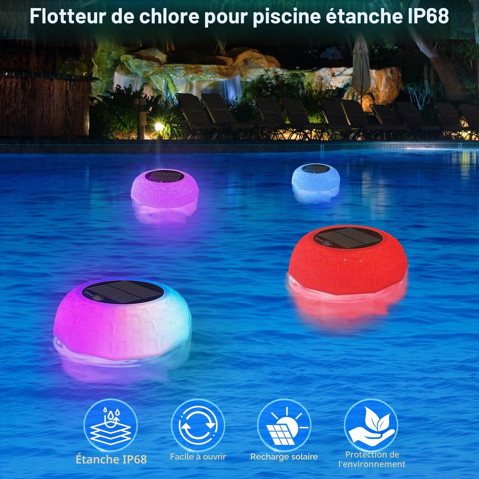 Qoolife Grand doseur Flottant pour jusqu'à 4 pastilles de Chlore - Lumière Solaire LED - 7 Couleurs - Distributeur de Chlore pour Piscine - avec télécommande réglable et Pliable