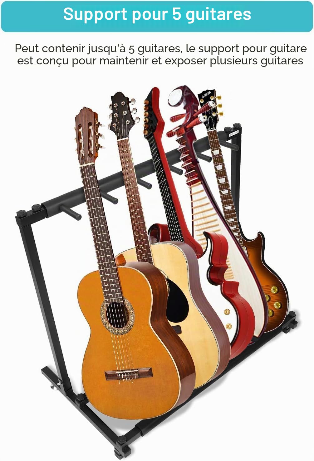 Support Guitare Cadre, Stand pour 5 Guitares, Support De Guitare Universel à 5 Compartiments, Pied De Guitare Multiple Pliable