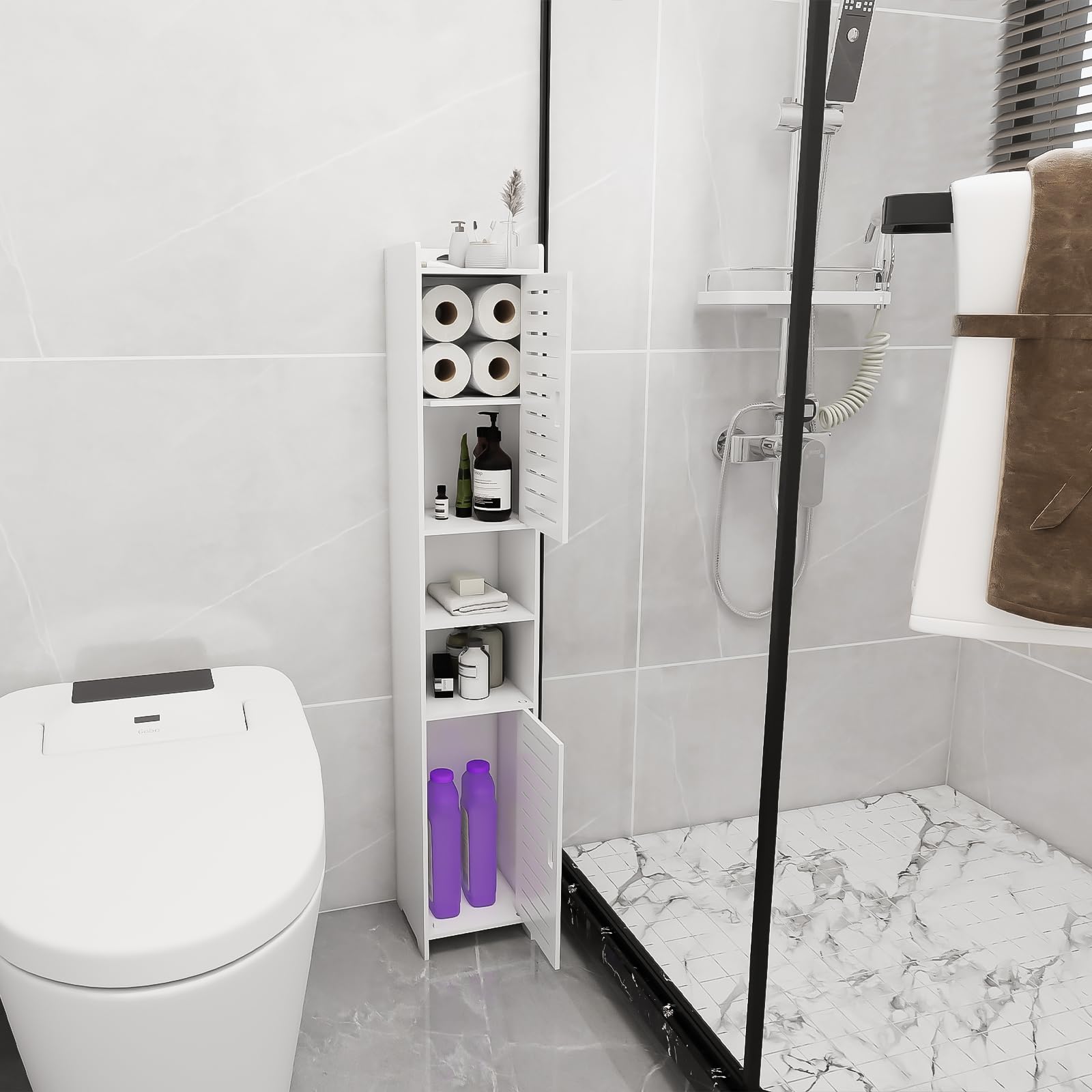Mueble de columna de baño de alto almacenamiento, armario de pie, para salón, comedor, cocina, baño, 26 x 22 x 118 cm, color blanco