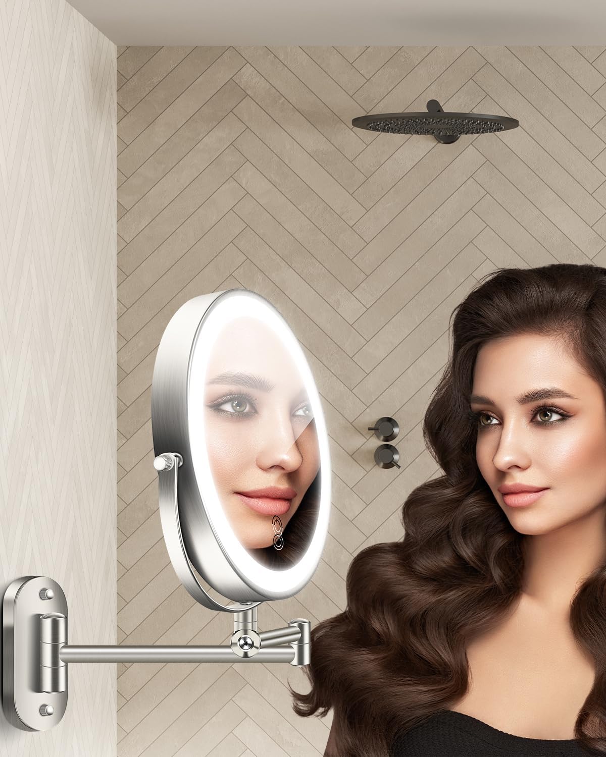 9'' 30X/1X Wall Mounted Lighted Makeup Mirror, Height Adjustable Double Sided 5000mAh Rechargeable Magnifying Bathroom Mirror with Light, 3 Color Modes Touch Dimmable Extended Arm 360 Rotation - Image 9