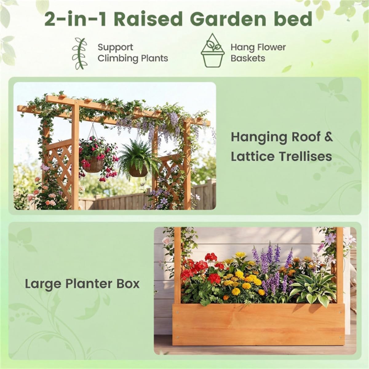 Fir Wood Raised Garden Bed with Side Trellis, 43" x 14" x 45" Planter Box with Drainage Holes,Multiple Planting Choices for Cultivating Various Plants-Orange Color