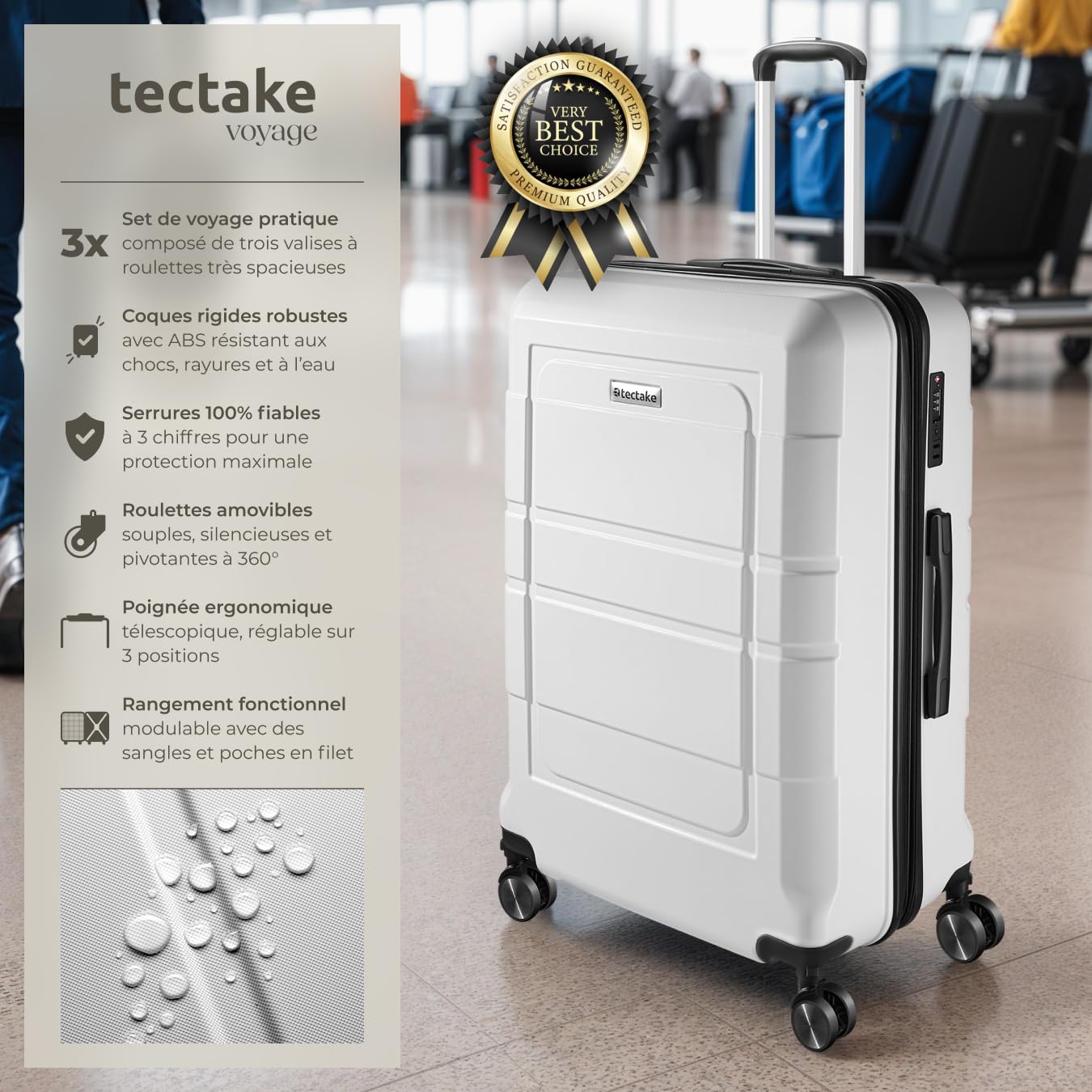 tectake® Set de Valises de Voyage 3 Pcs. Serrure à Combinaison Valise Grande Taille Valise soute et Cabine Petites Valises Sacs de Voyage Maternité ABS avec roulettes 360° Poignée télescopique