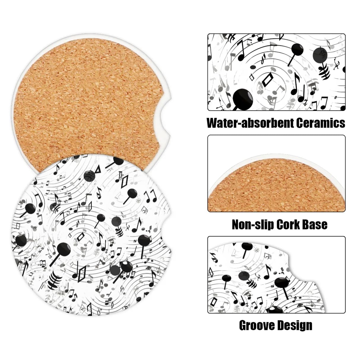 Music Note Ceramic Car Coasters 2-Pack With Cork Base - Absorbent Cup Holder Inserts - View #9