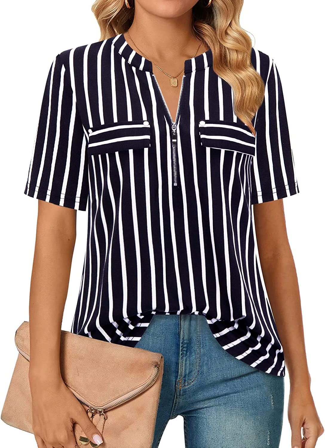 Amrto Damen V-Ausschnitt Shirts Kurzarm Casual T-Shirt Bluse mit Reißverschluss Sommer Tunika Tops Oberteil Locker Lässig