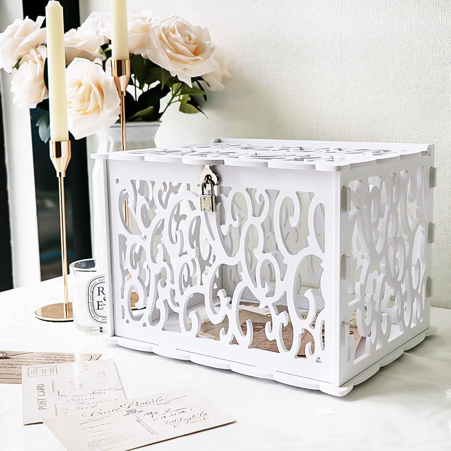 Hensych White Wedding Card Box with Carved and Openwork, PVC Prom Boxes with Slot, Wedding Post Box for Reception, Anniversary, Baby Shower, Birthday Decoration