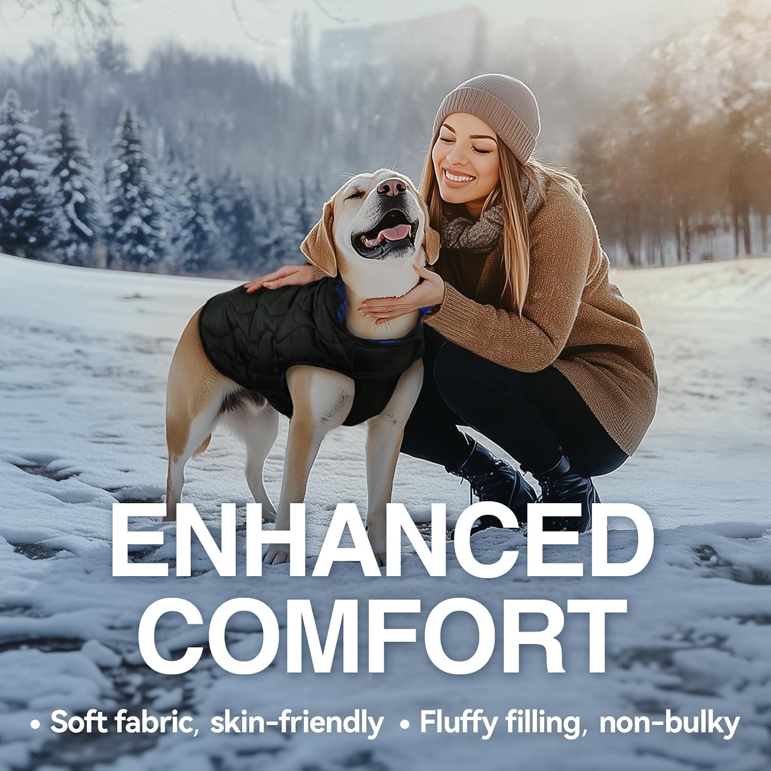 VIVAGLORY Hands Free Dog Leash + Dog Coat, Reversible Jacket Plaid Checkered Warm Fluffy, Running Leash with Waist Belt for Running Walking