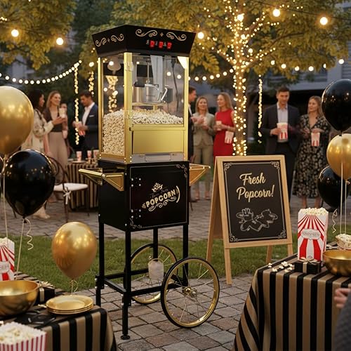 Máquina de palomitas de maíz de 12 onzas con carrito soporte plegable que hace deliciosas palomitas de maíz, 3 tazas para servir, tazas medidoras y