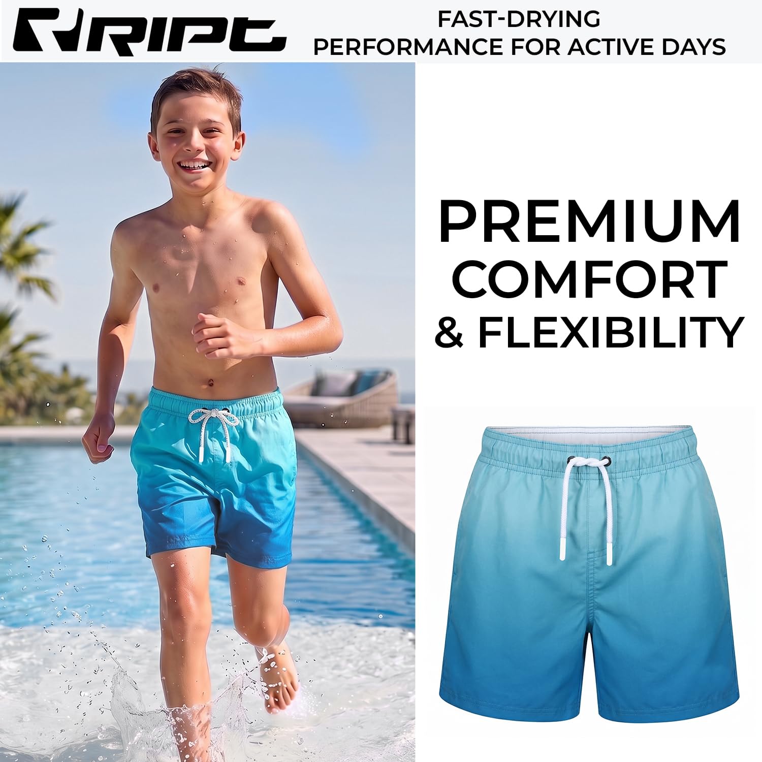 RIPT Bañador Niño Secado Rápido – Boardshort con Forro Malla, Protección UV 50, Pantalón Corto Surf Natación Playa Verano