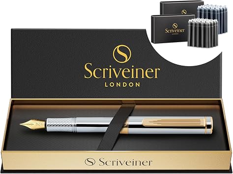 Scriveiner Silver Chrome Fountain Pen Fine, Award Winning Luxury Heavy Pocket Pen With Real Gold Plating, Bundle with Fountain Pen Ink Cartridges - Black & Blue - 20 Standard International each