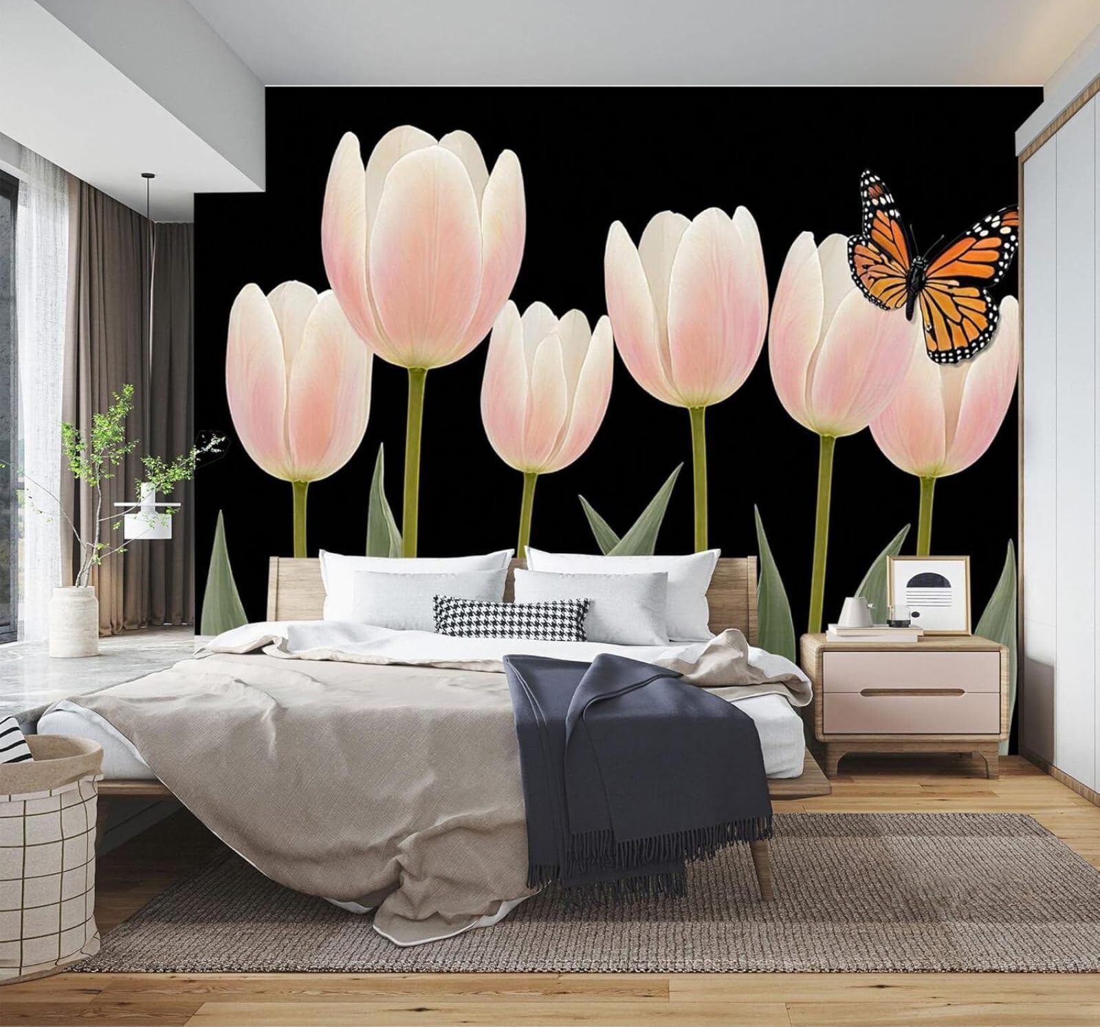 3D Papel Pintado Belleza Tulipanes Rosas Mariposas Hojas Verdes Negro