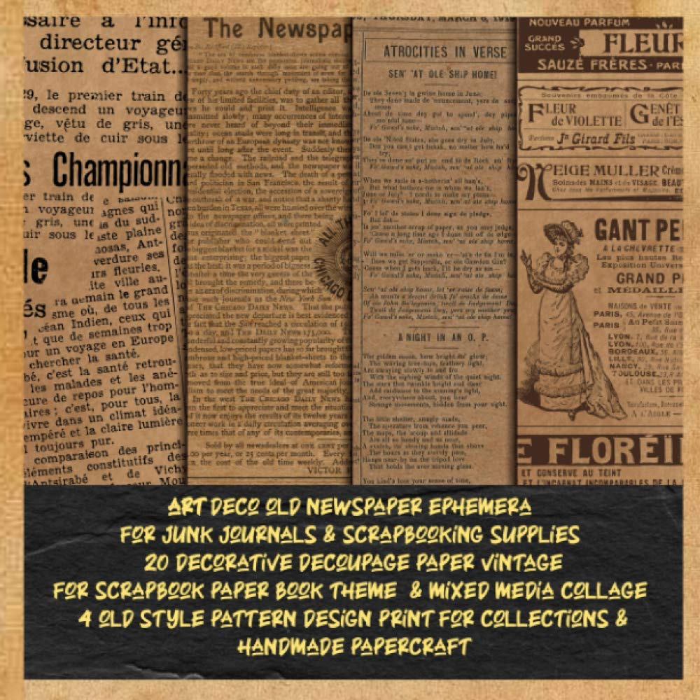 art deco old newspaper ephemera for junk journals & scrapbooking supplies 20 decorative decoupage paper vintage for scrapbook paper book theme & mixed ... & handmade papercraft: aged scrapbooking